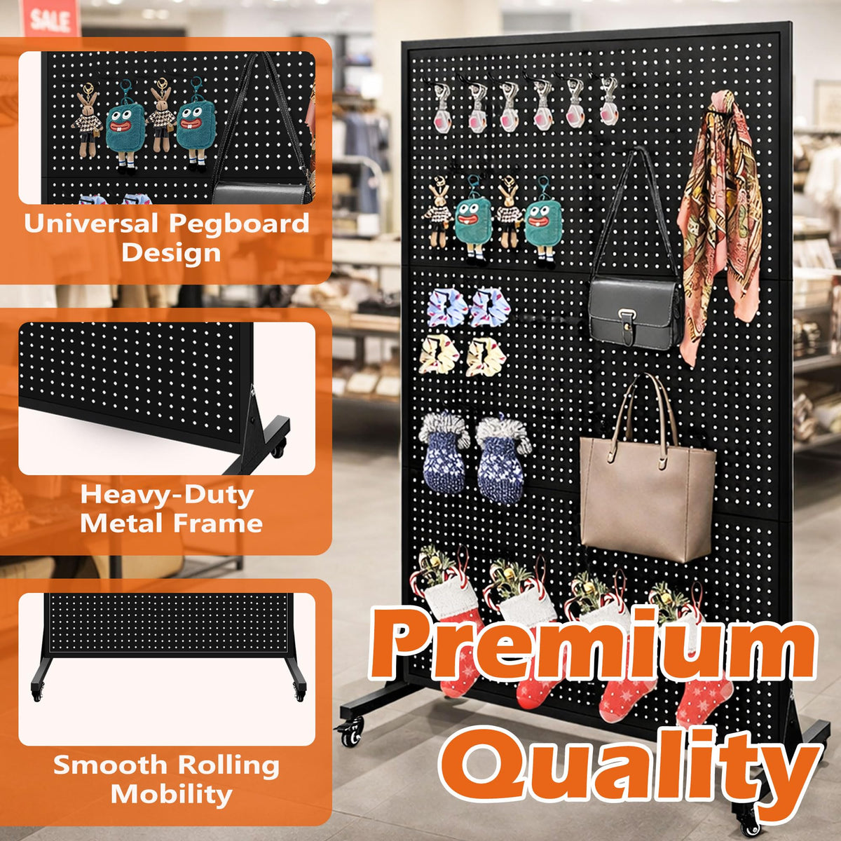 Royxen 3.5 x 6 Feet Metal Pegboard with 50 Hooks, Peg Board Display Stand with Wheels, Large Standing Pegboard Displaywith T-Base Art Display Stand for Retail Stores Exhibitions Homes (Black)