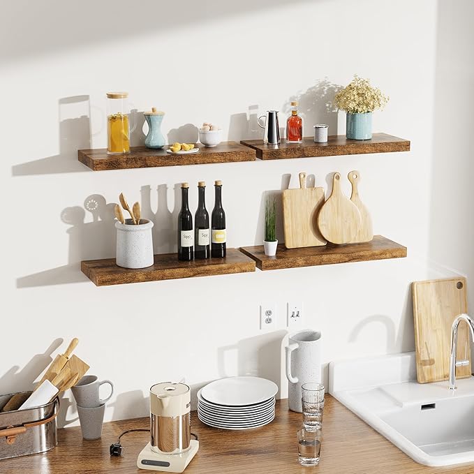 Bellsal Floating Shelves for Wall, Rustic Brown Wood Wall Shelf Set of 4