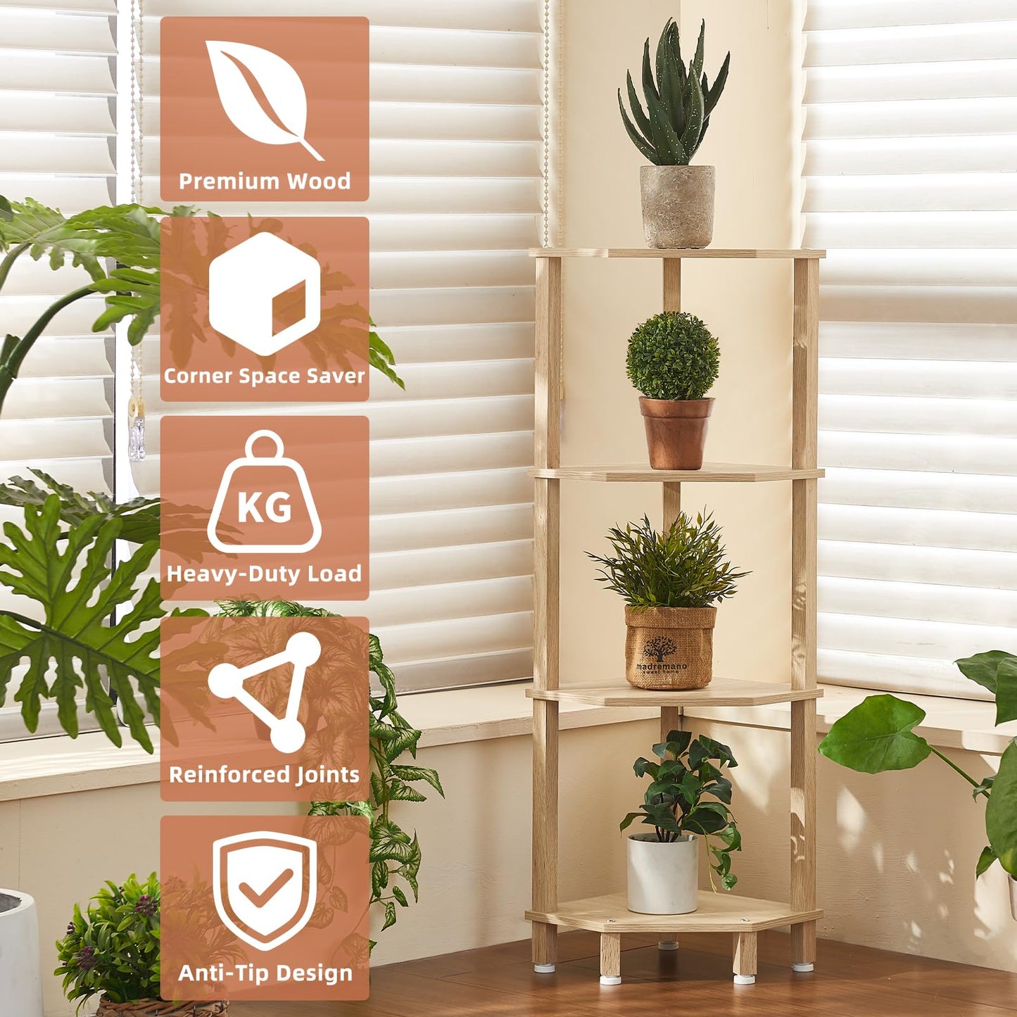 YUFAM 4-Tier Corner Shelf with Sturdy 5-Leg Base, Wooden Corner Bookshelf for Small Spaces, Corner Standing Shelf for Living Room, Bedroom, Bathroom, Natural