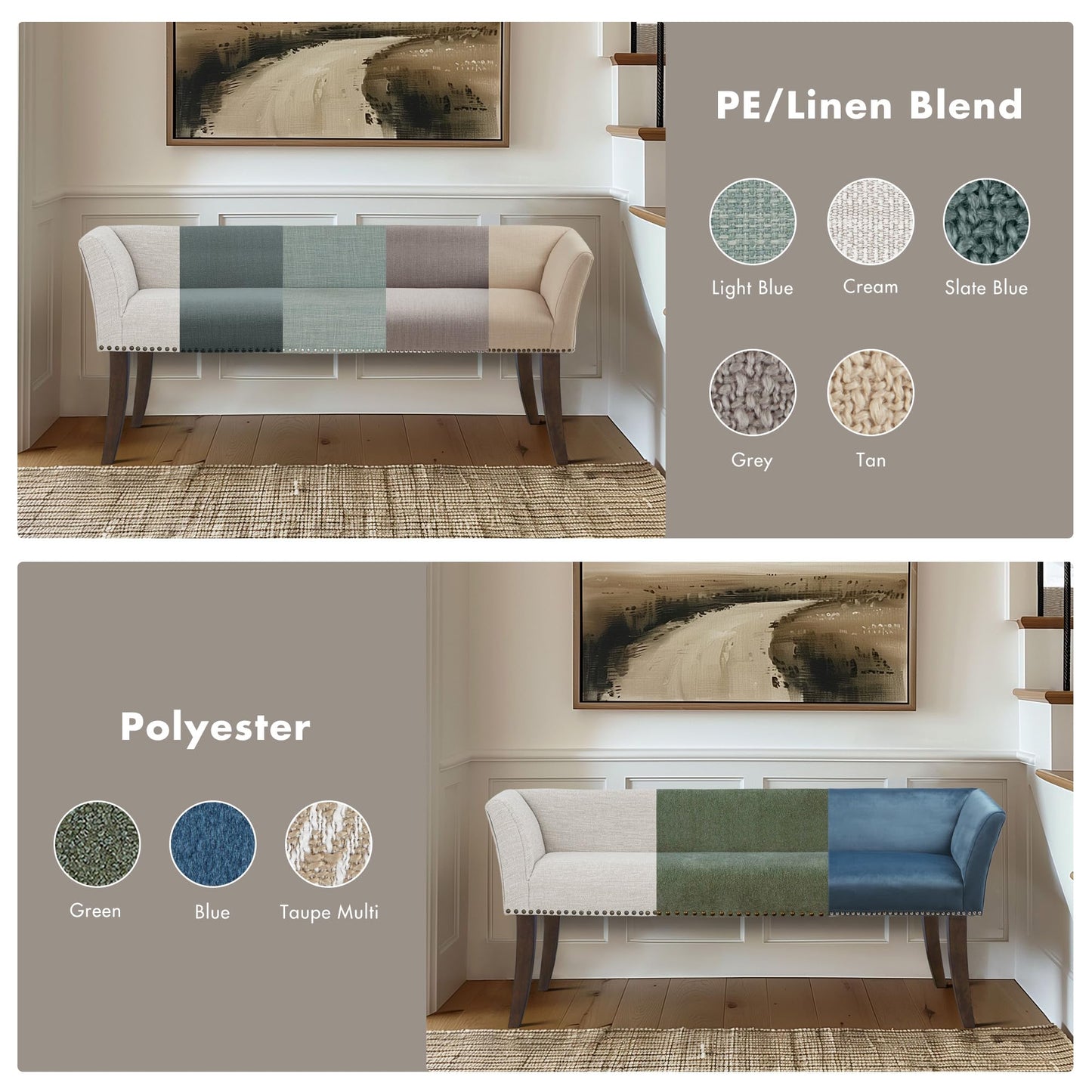 Madison Park Accent Bench, Upholstered with Nailhead Trim, & Padded Seat Entryway Bench Small, End of Bed Bench with Back, 49.5" W x 19.25" D x 23" H, Grey
