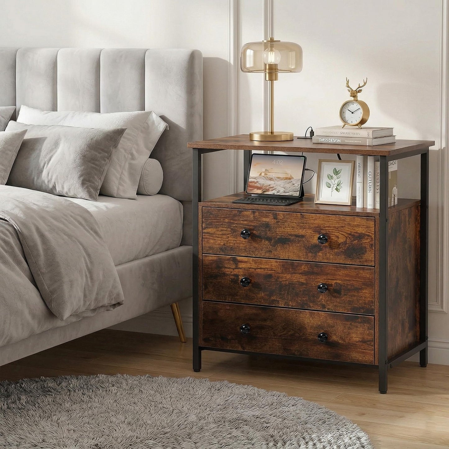 Edbuosy 3 Wooden Drawers Night Stand, 27 Inch Wide Nightstand with Charging Station and Adjustable Drawers, Small Dresser for Closet, Bedside Table for Living Room/Bedroom/Office, Retro Brown