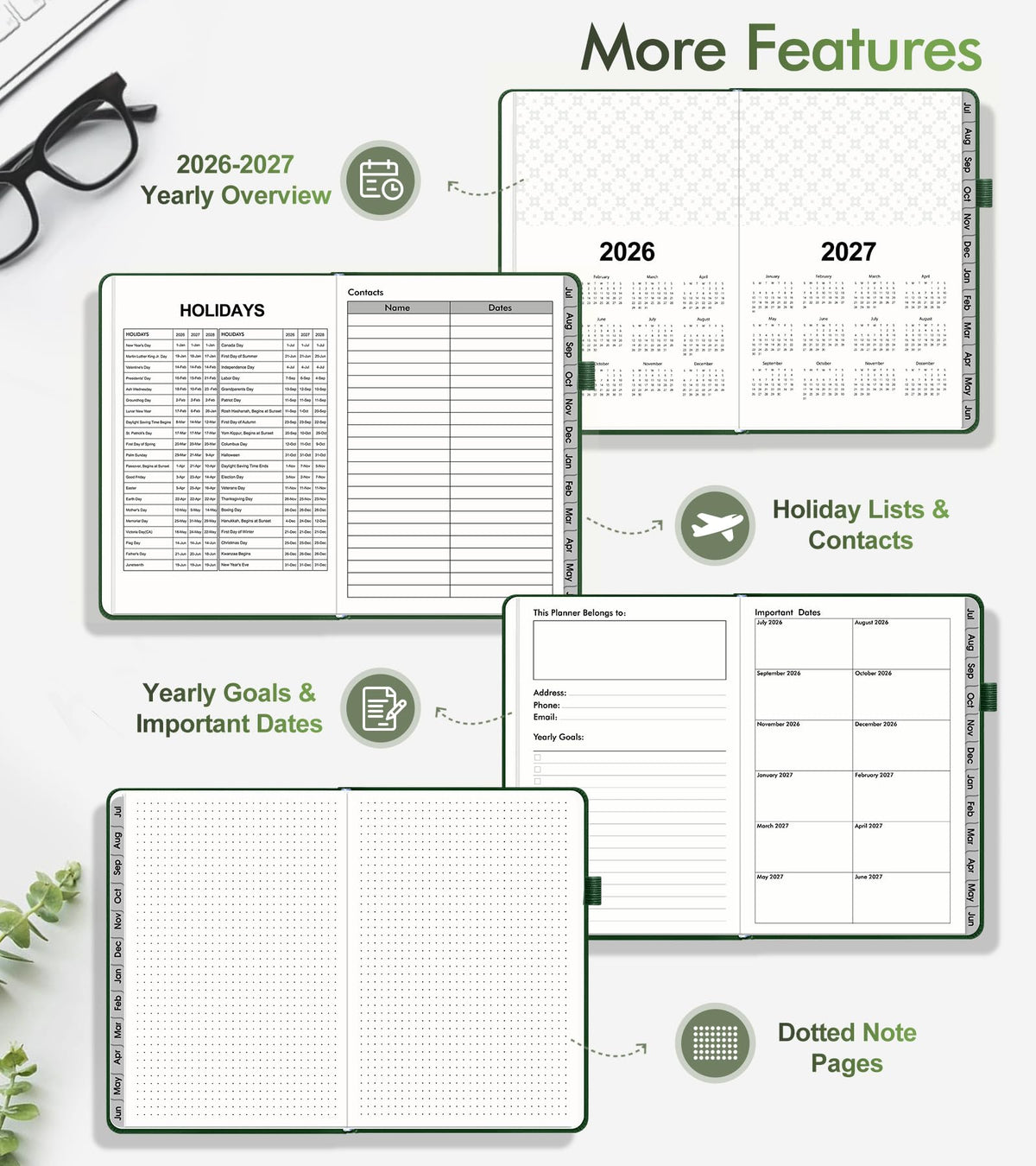 Planner 2026-2027, Academic Weekly and Monthly Calendar Planner from July 2026 - June 2027, Hardcover Leather Daily Agenda Book with Tabs, College School Organizer for Student Teacher, A5 (5.75" x 8.38"), Green