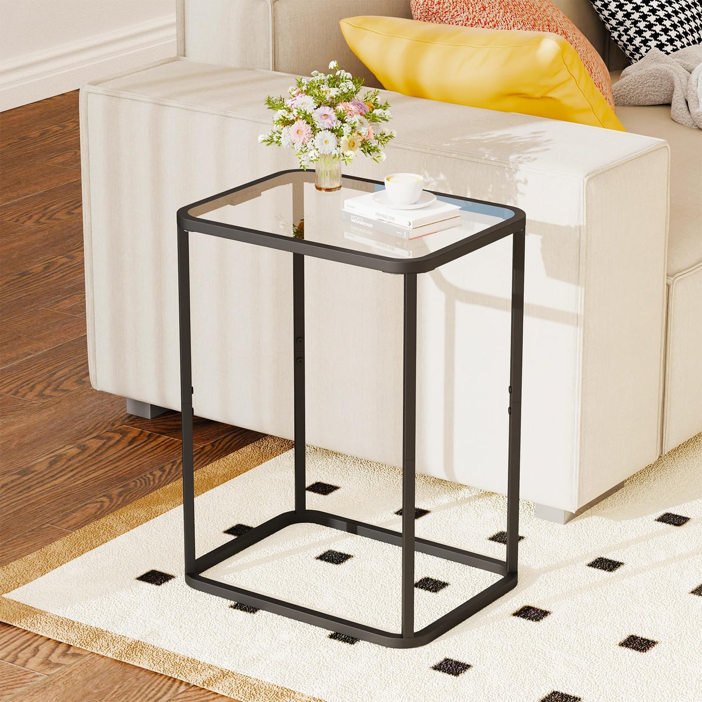 Garden 4 you Glass Side Table, Rectangle End Table with Metal Frame, Modern Bedside Table for Office, Bedroom, Living Room, Study, Small Spaces, Easy Assembly, 15.75 * 11.81 * 20.87 Inches, Black