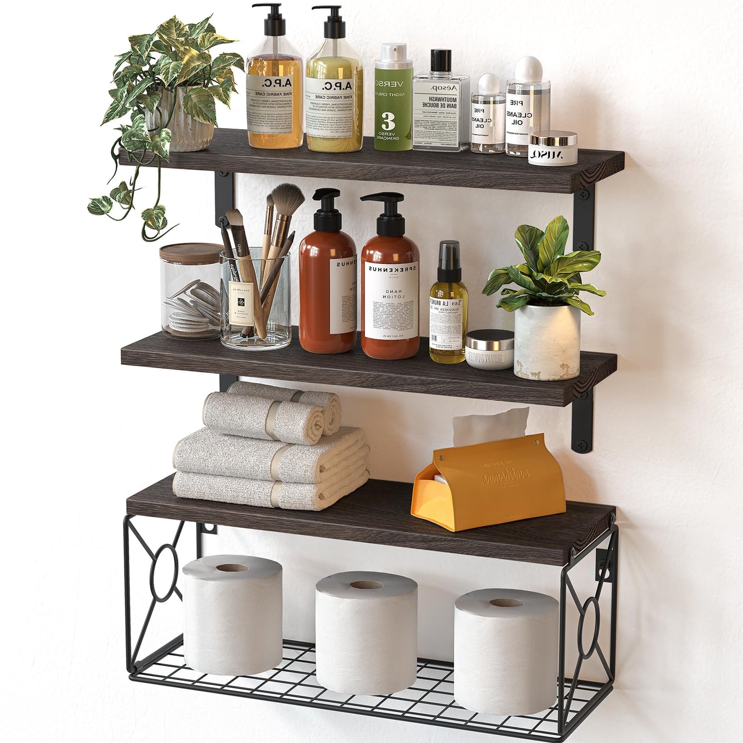 Amada Bathroom Shelves Over Toilet with Storage Basket, Floating Wall Shelf for Home Organization & Wall Decor, Bathroom/Kitchen/Living Room Shelves–Rustic Brown