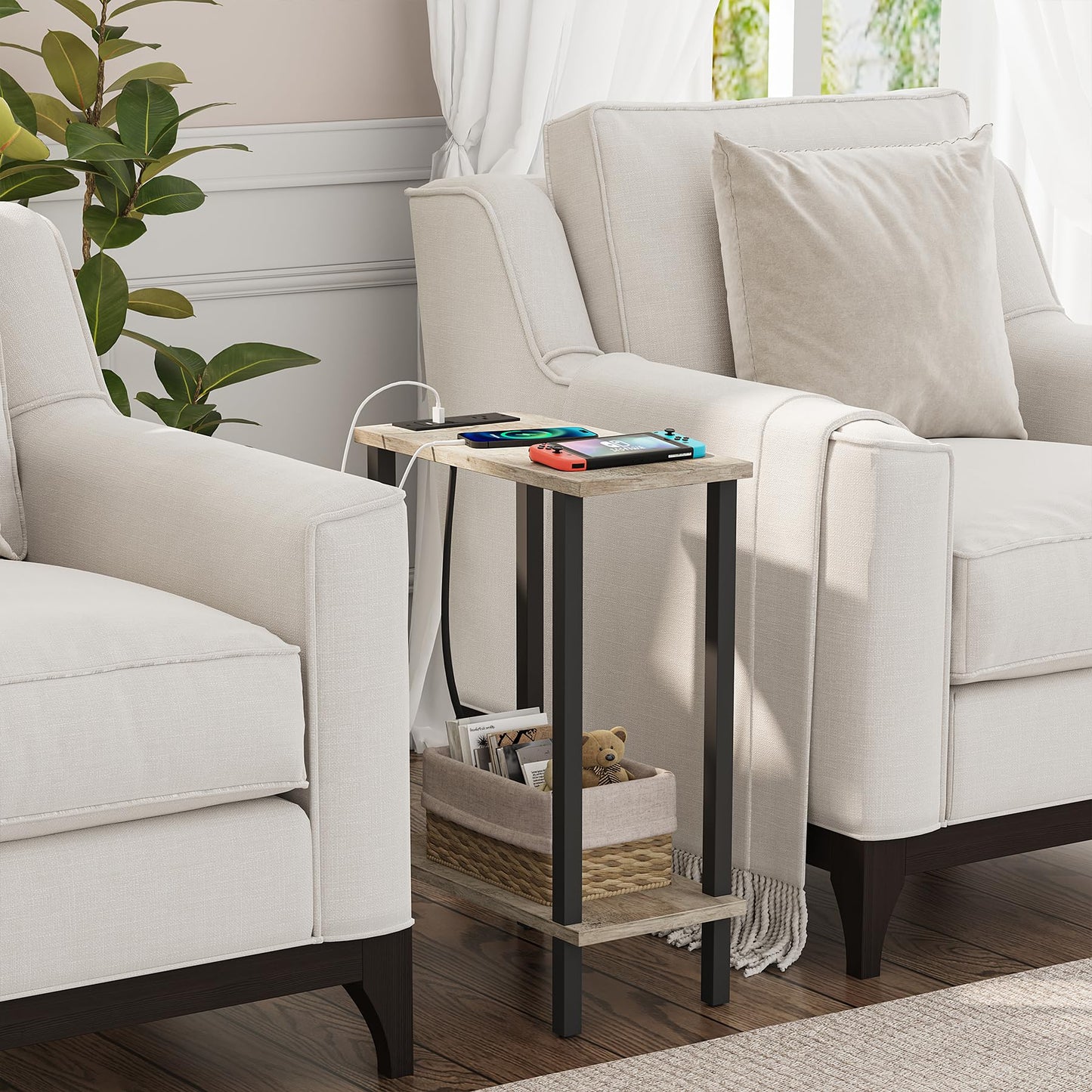 TUTOTAK Small End Table with Charging Station, Narrow Side Table with USB Ports and Outlets, Skinny Sofa Table, Slim Nightstand, Living Room, Bed Room, Greige TB01BG060