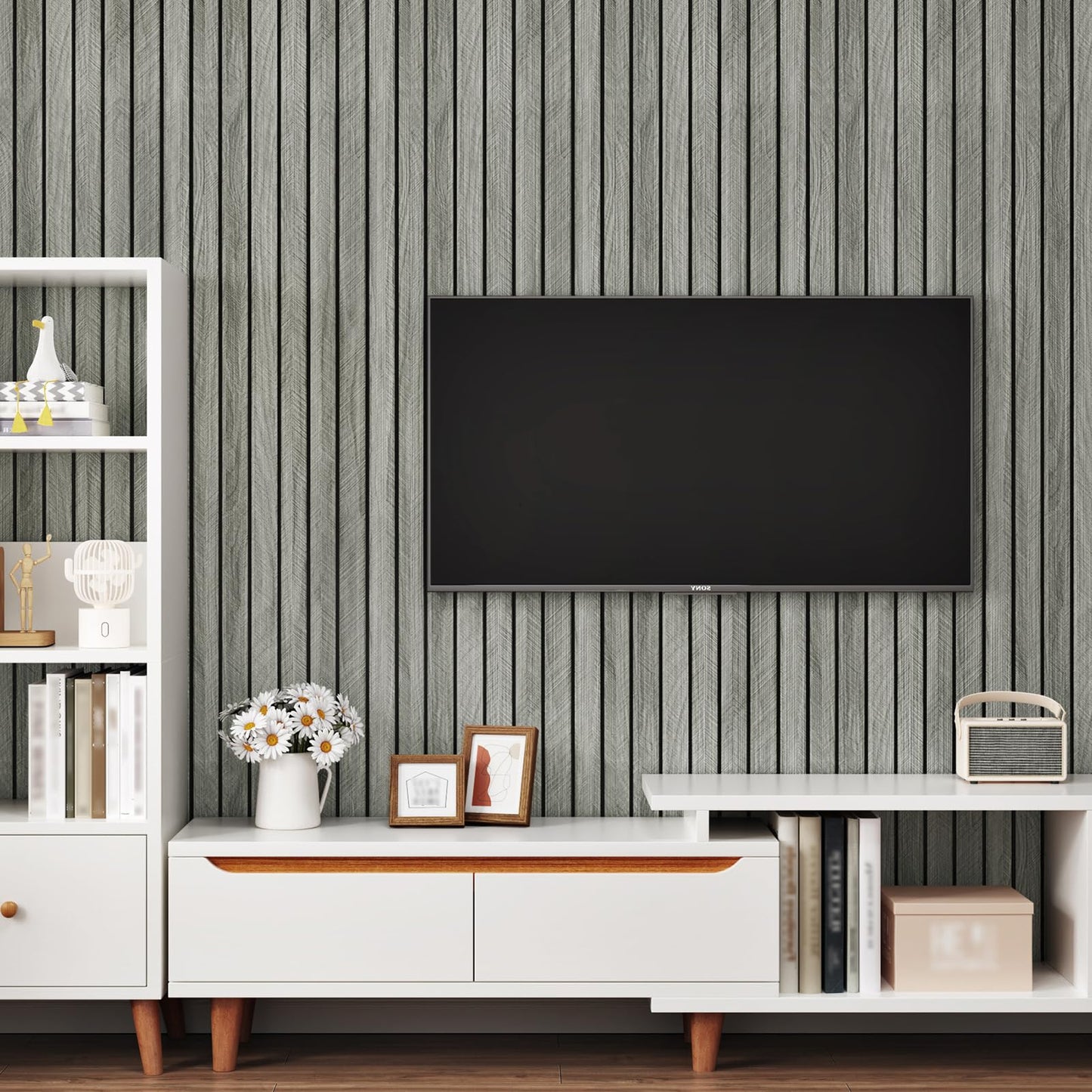 STICKEEP Grey Wood Wall Panels Textured Wood Slats 3D Soundproof Wall Panels Peel and Stick Shiplap 11.8"x197" Wooden Panel Walls Decor Self Adhesive Wooden Panel Wallpaper for Studio Homes Ceiling