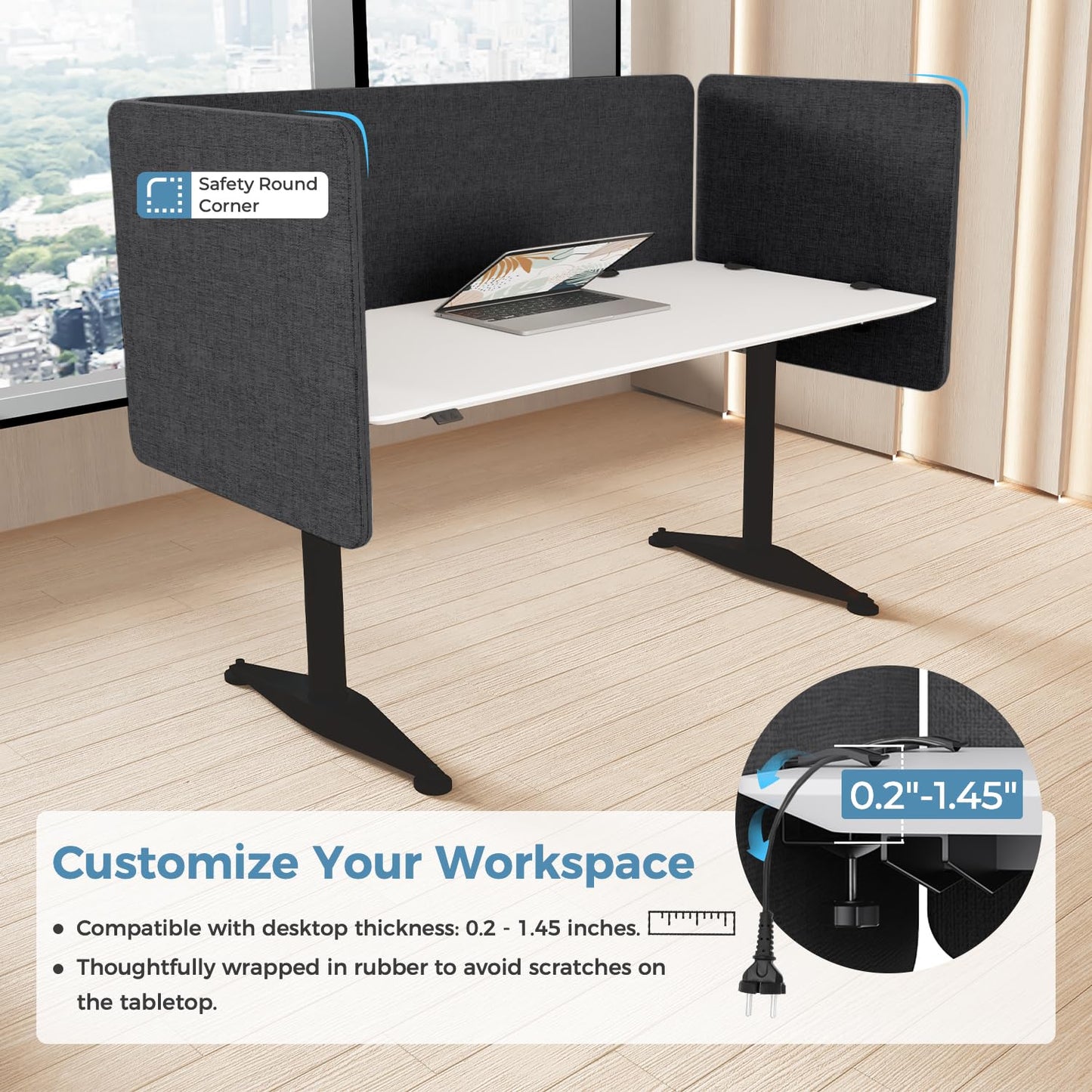 MORDEER 47.2 Inch Desk Divider Panels Set, Acoustic Divider Panel for Privacy, Fabric Wrapped Room Dividers for Office, Easy Assemble, Dark Grey