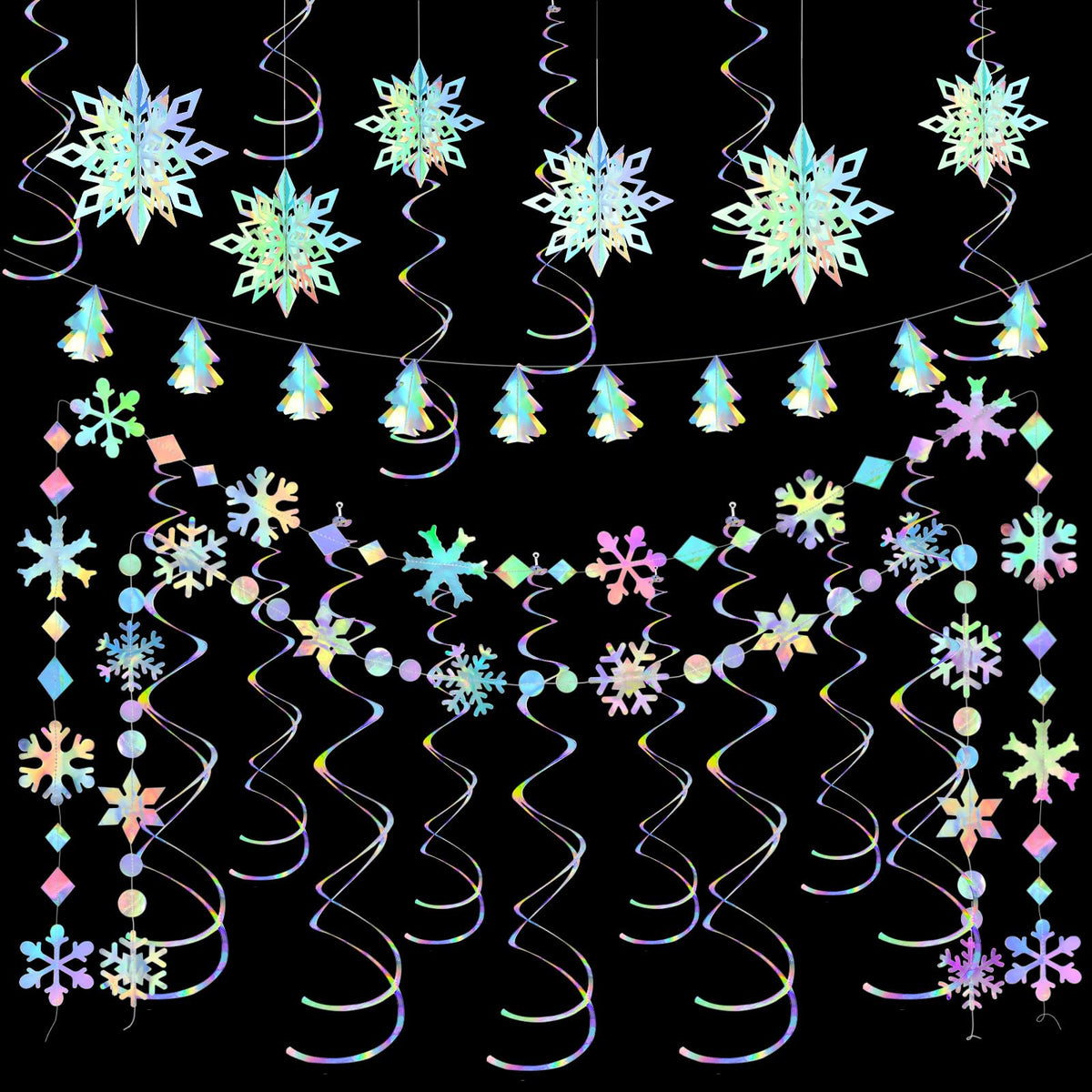 Iridescent Holographic Party Decorations, 29Pcs, Rainbow Swirl Streamers, Snowflake Garland, Christmas Tree Decor, Winter Wonderland Weddings, Disco Parties, Holiday Gatherings (29-Piece/Rainbow)