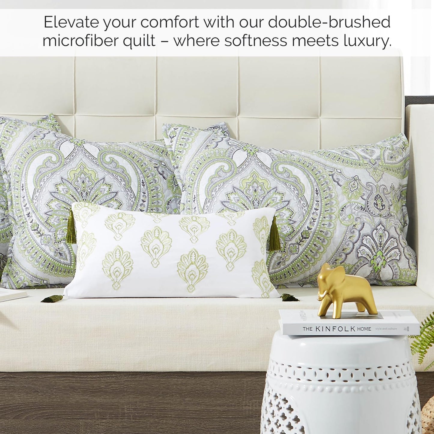 Southshore Fine Living, Inc. Twin Daybed Comforter Set, 6-Piece Boho Bedding Set with Daybed Cover, 3 Pillow Shams, Bed Skirt, Throw Pillow - Twin Day Bed Quilt Set, Pure Melody Green