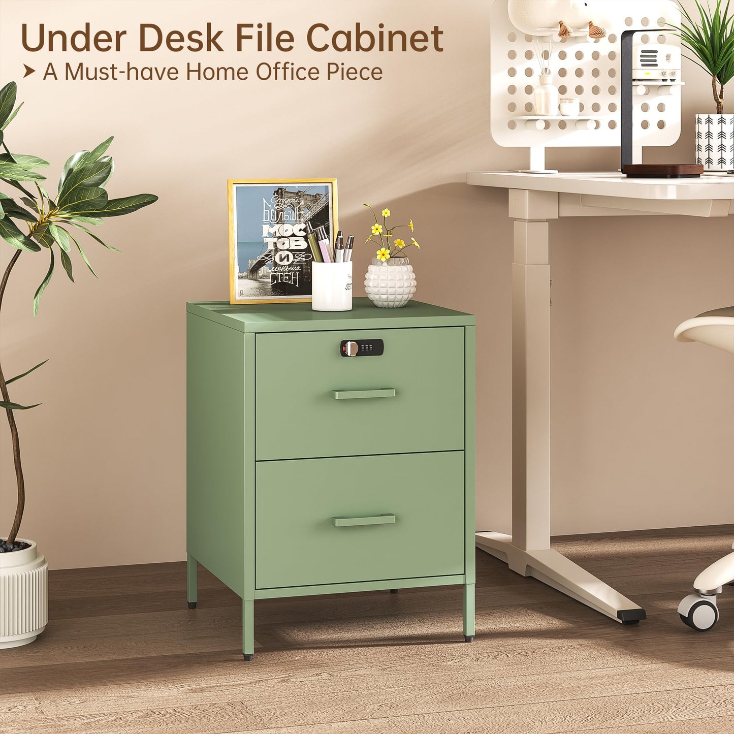 Steehoom Metal Nightstand with Lock, 2 Drawer End Side Table, Lockable Storage Cabinet Kids Cabinet for Living Room, Bedroom, Dorm, 21.26”H X 15.75”W X 15.75”D (2 Drawer, Green)
