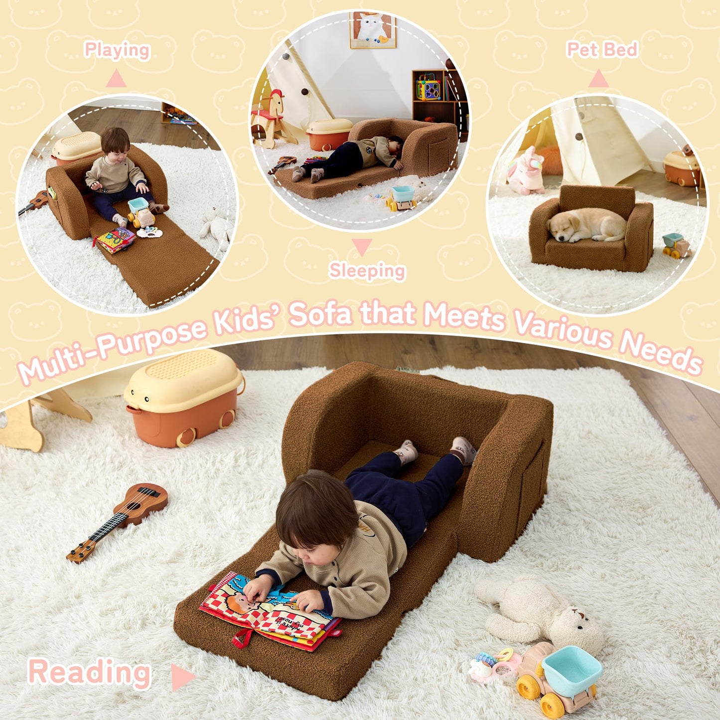 Toddler Couch, 2-in-1 Toddler Chairs Comfy 1-3 Years Old, Toddler Chair for Girls and Boys, Kids Couch Bed Fold Out, Convertible Baby Sofa to Lounge Chair for Playing, Reading, Napping, Brown