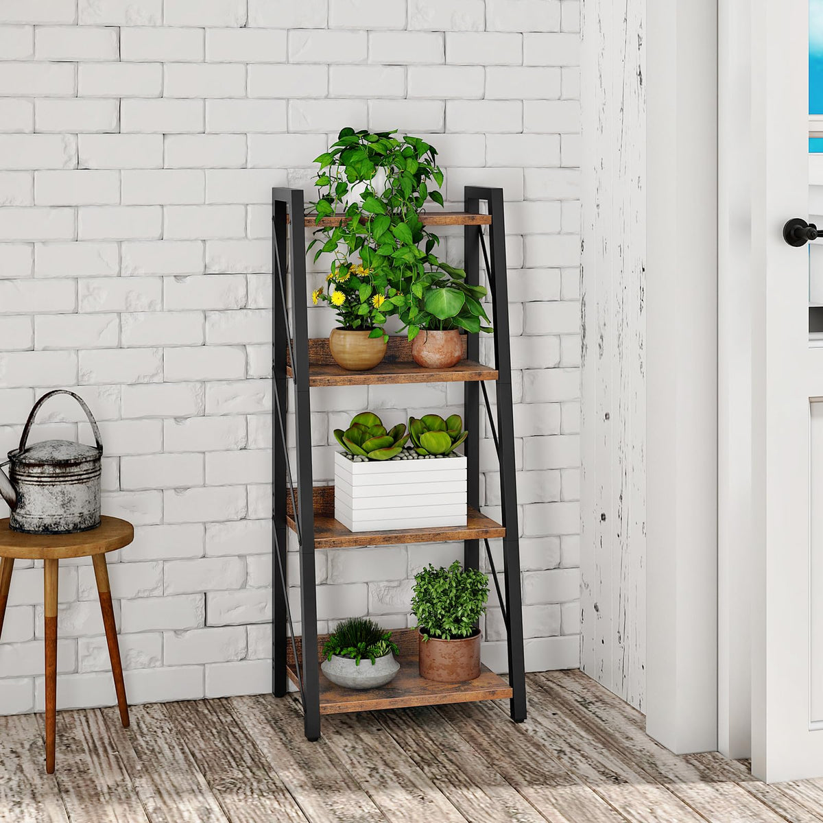 HOOBRO Ladder Shelf, 4-Tier Bookshelf, Corner Bookcase, Freestanding Storage Shelf Display Organizer, for Living Room, Bedroom, Home Office, Kitchen, Rustic Brown and Black BF304CJ01