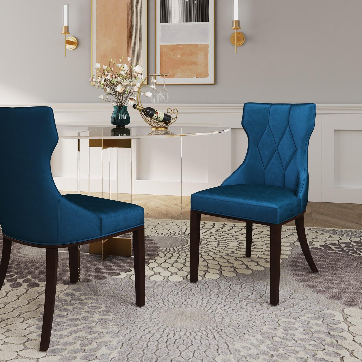 Manhattan Comfort Reine Dining Chairs Set of 2, Upholstered Seats with Diamond Stitching, Solid Beech Wood Frame, 4-Leg Base, 18.5" Seat Height, Fully Assembled, Cobalt Blue