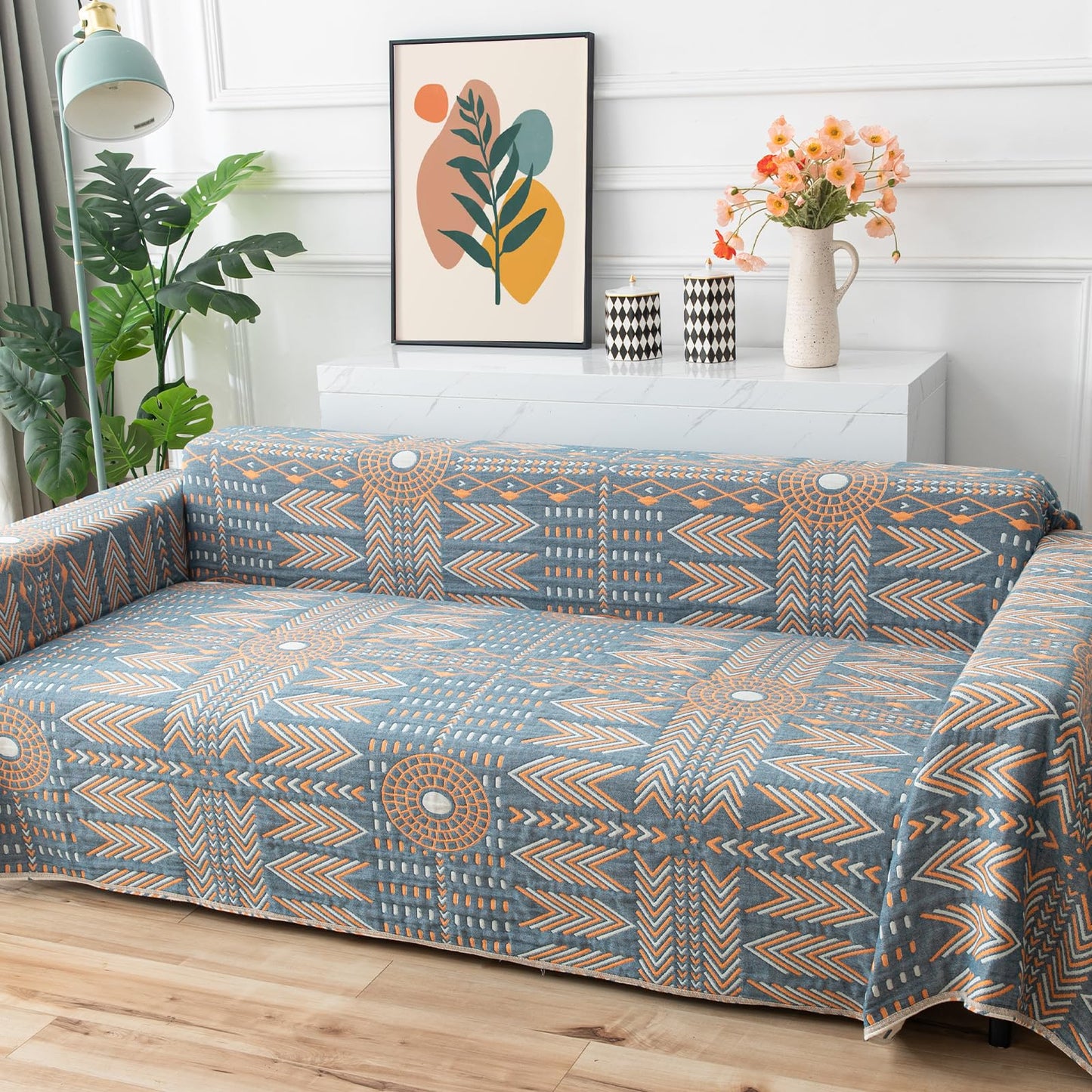 Osunnus Cotton Couch Cover Washable Boho Reversible Throw Sofa Cover Geometric Jacquard Multi-Use Furniture Protector for 2 Cushion Sectional L Shaped Sofa Bed Boho Home Decor, 79" x 102"