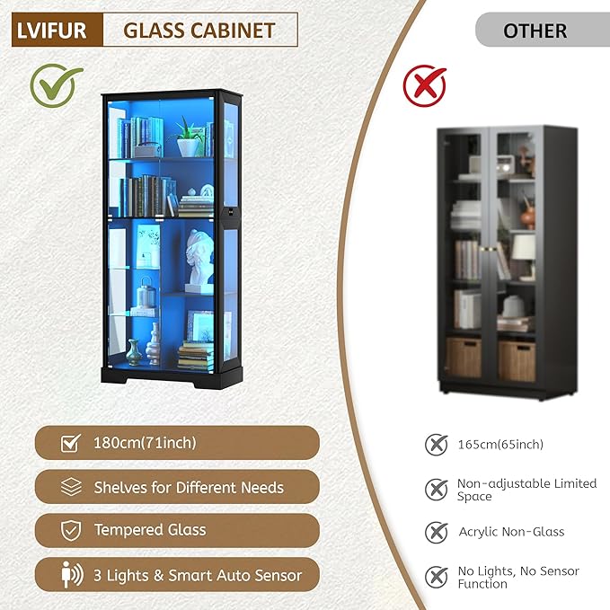 71” Display Cabinet with Glass Doors, Modern Curio Cabinet with 3 Color Lights
