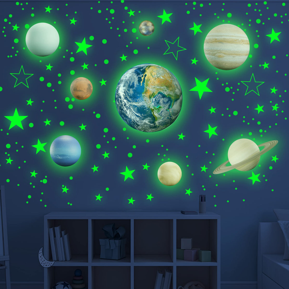 Glow in The Dark Stars Solar System Wall Decals, The Earth Wall Stickers for Bedroom, Baby Nursery Planets Sticker Decoration for Ceiling (Green)