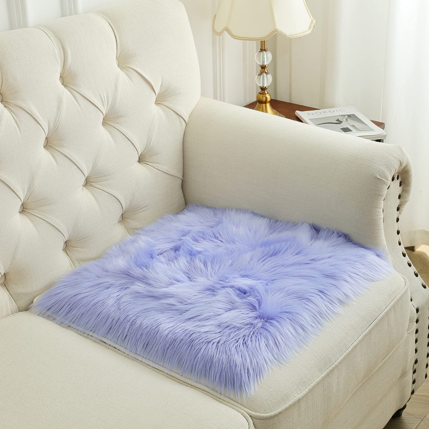 Softlife Square Faux Fur Sheepskin Chair Cover Seat Cushion Pad Super Soft Area Rugs for Living Bedroom Sofa (1.6ft x 1.6ft, Lavender) 1 pack