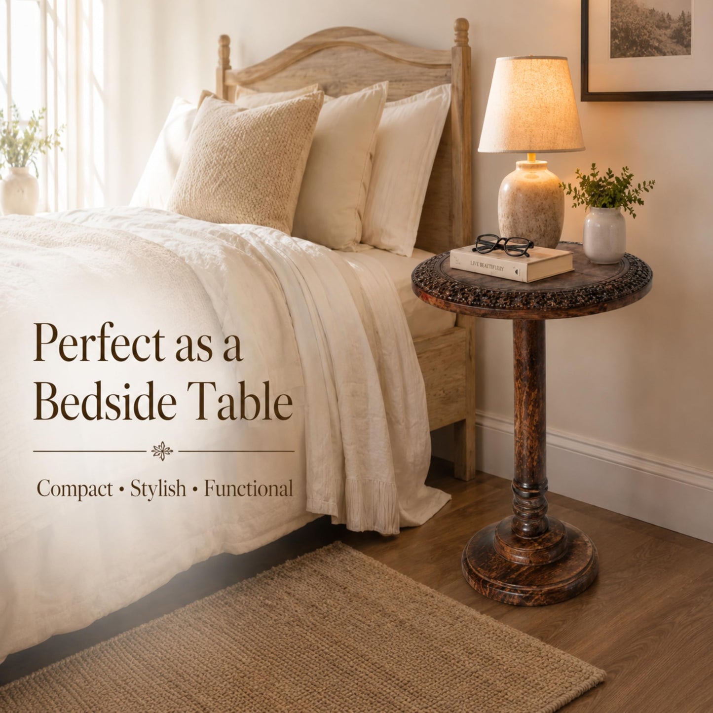 Farmhouse Side Tables for Living Room, Solid Wood End Tables Living Room, Small Round End Table, Rustic Coffee Table Accent, Wooden Side Table for Bedroom & Sofa Side, Burnt Finish