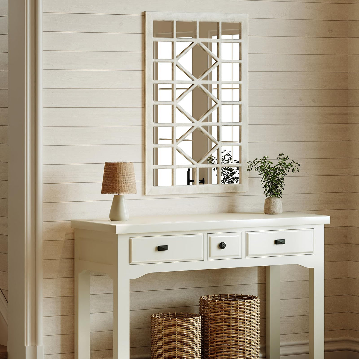 CozyDH Farmhouse Window Pane Mirror Decor - 24x36 inch Retro White Rectangle Wall Mirror Soli Wood Frame, Decorative Wooden Accent Mirror for Entryway, Fireplace, Living Room, Hallway, Dining Room