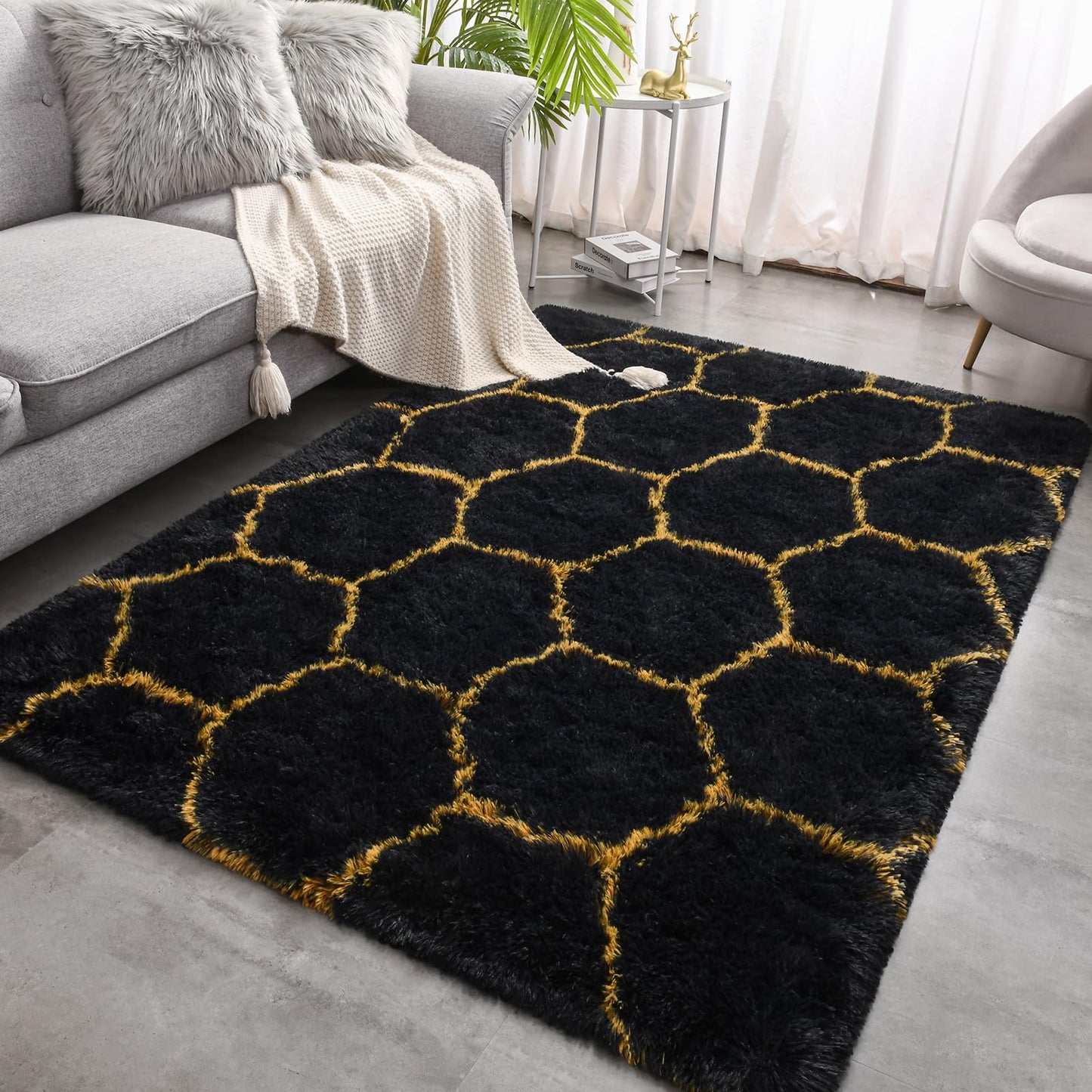 Meralax Hexagon Gold/Black Rugs for Living Room Bedroom, 4x6 Soft Area Rug Fluffy Shaggy Bedside Rug, Machine Washable Indoor Floor Carpet for Kids Boys, Dorms, Nursery Rooms, Home Decor Aesthetic