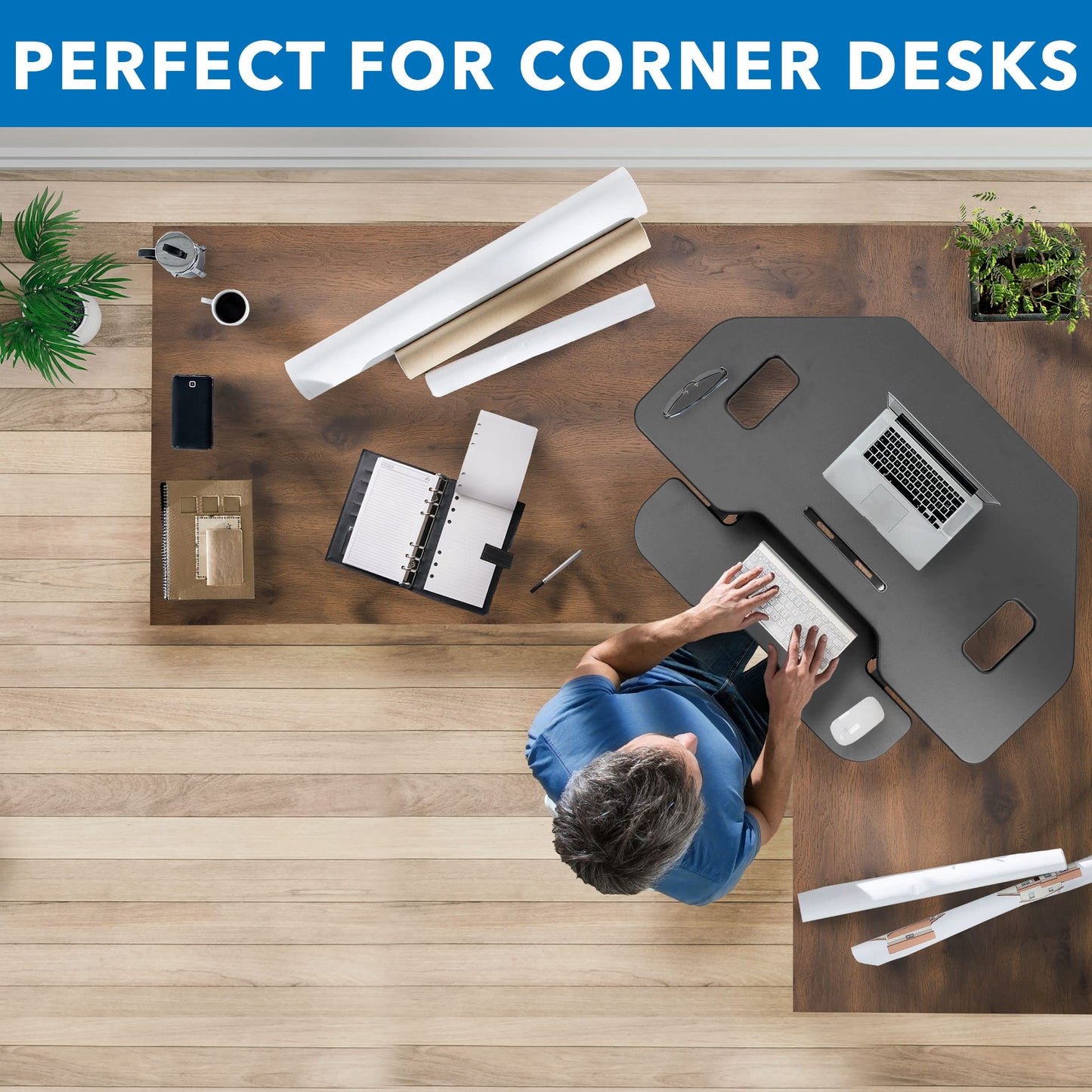 Mount-It! Corner Standing Desk Converter | Height Adjustable 43” Wide Desktop | Corner Stand Up Desk with Gas Spring Handle | Stand Up Computer Workstation with Ergonomic Keyboard Tray | Black