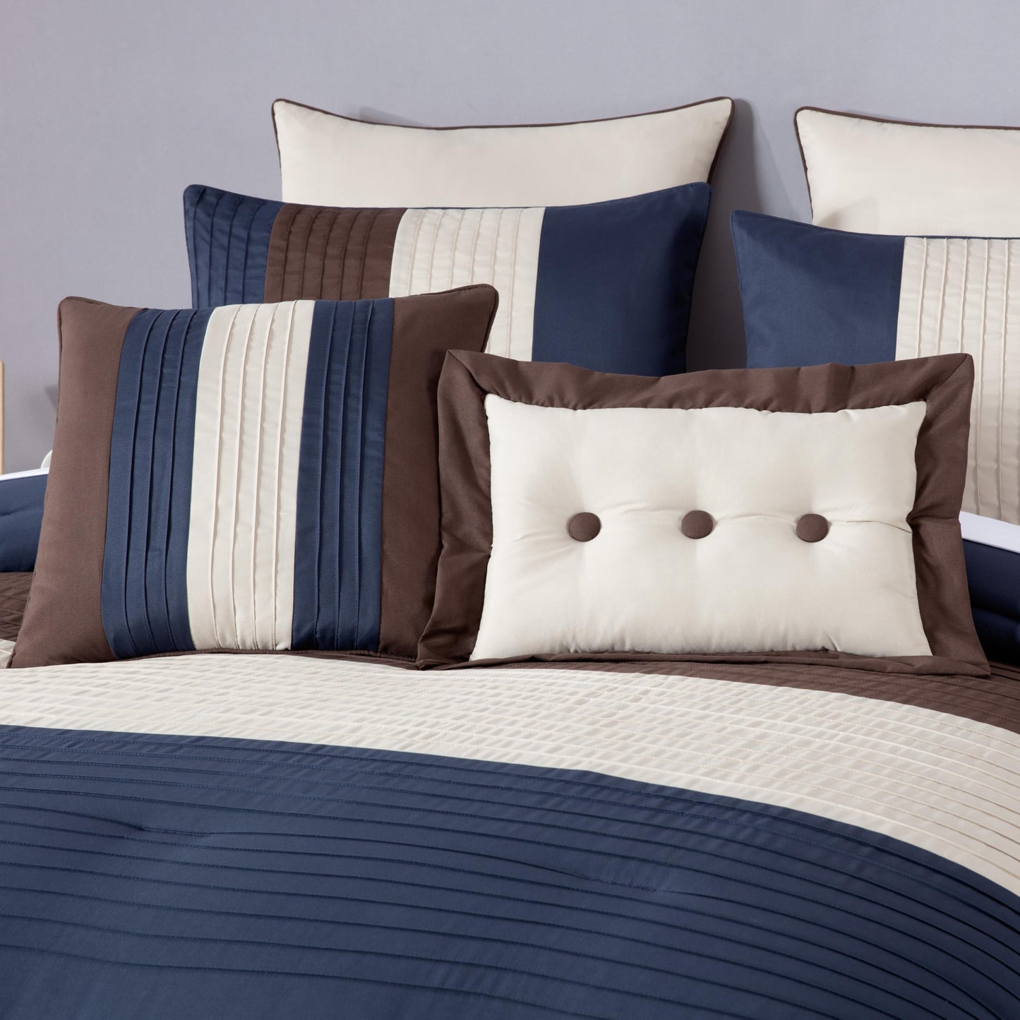 Chezmoi Collection Loft 8-Piece Oversized King Comforter Set, Midnight Blue/Brown/Coffee Cream Luxury Striped Bedding for All Season