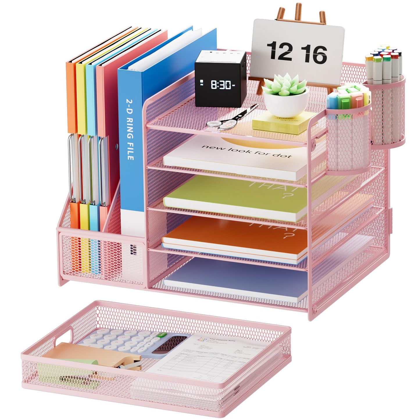 Marbrasse Desk Organizer with File Holder, 5-Tier Paper Letter Tray Organizer with Drawer and 2 Pen Holder, Mesh Desktop Organizer and Storage with Magazine Holder for Office Supplies(Pink)