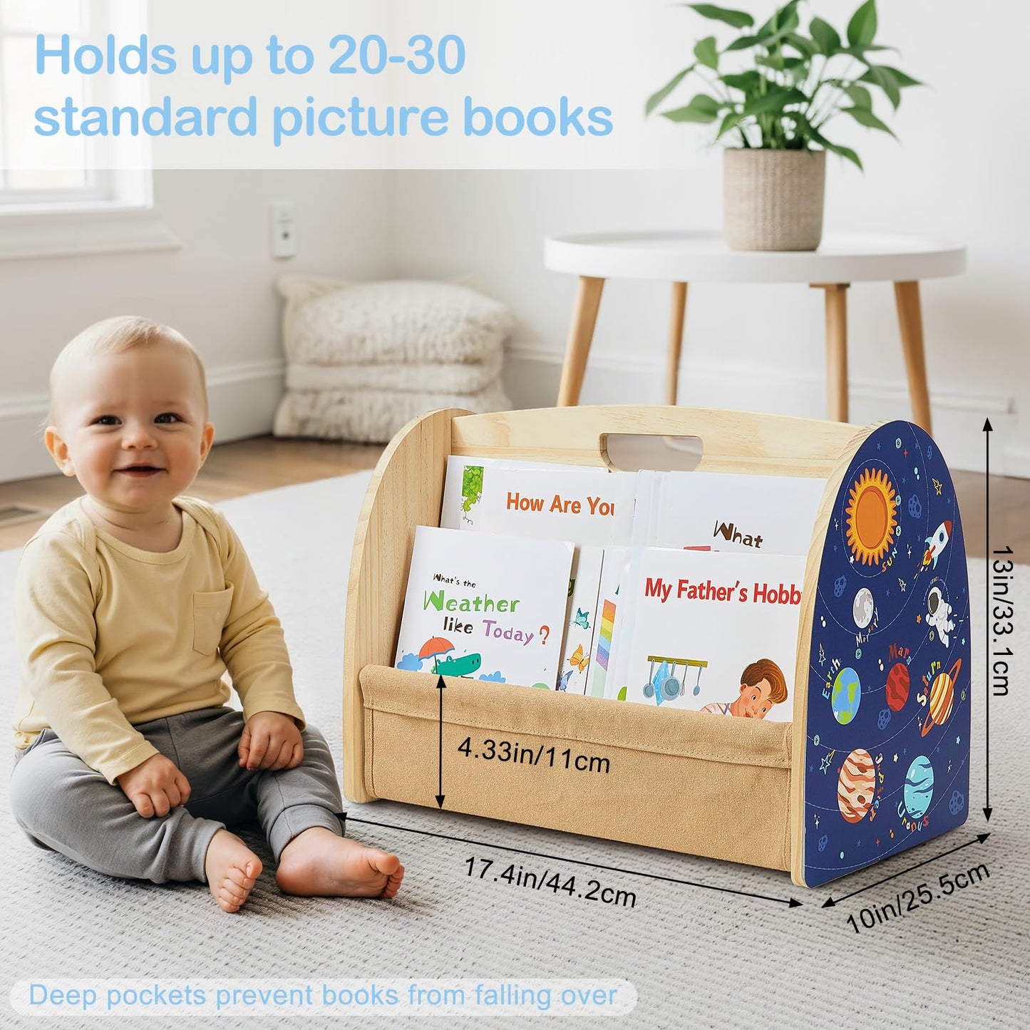 SheSeek Toddler Bookshelf Double-Sided with 4 Tier Deep Sleeves Kids Wooden Montessori Book Rack for Baby Nursery Room, Playroom, Classroom or Bedroom Bookcase Storage Organizer, Blue Astronaut