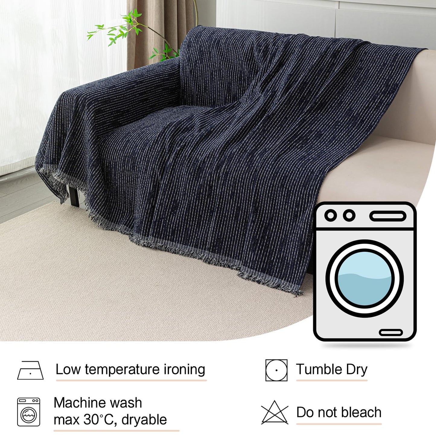 MYSKY HOME Loveseat Cover Navy Couch Cover Sectional Couch Covers for 2 Cushion Couch Sofa Thick Universal Chenille Sofa Cover with Tassel Durable Furniture Protector for Dogs 91" x 118"