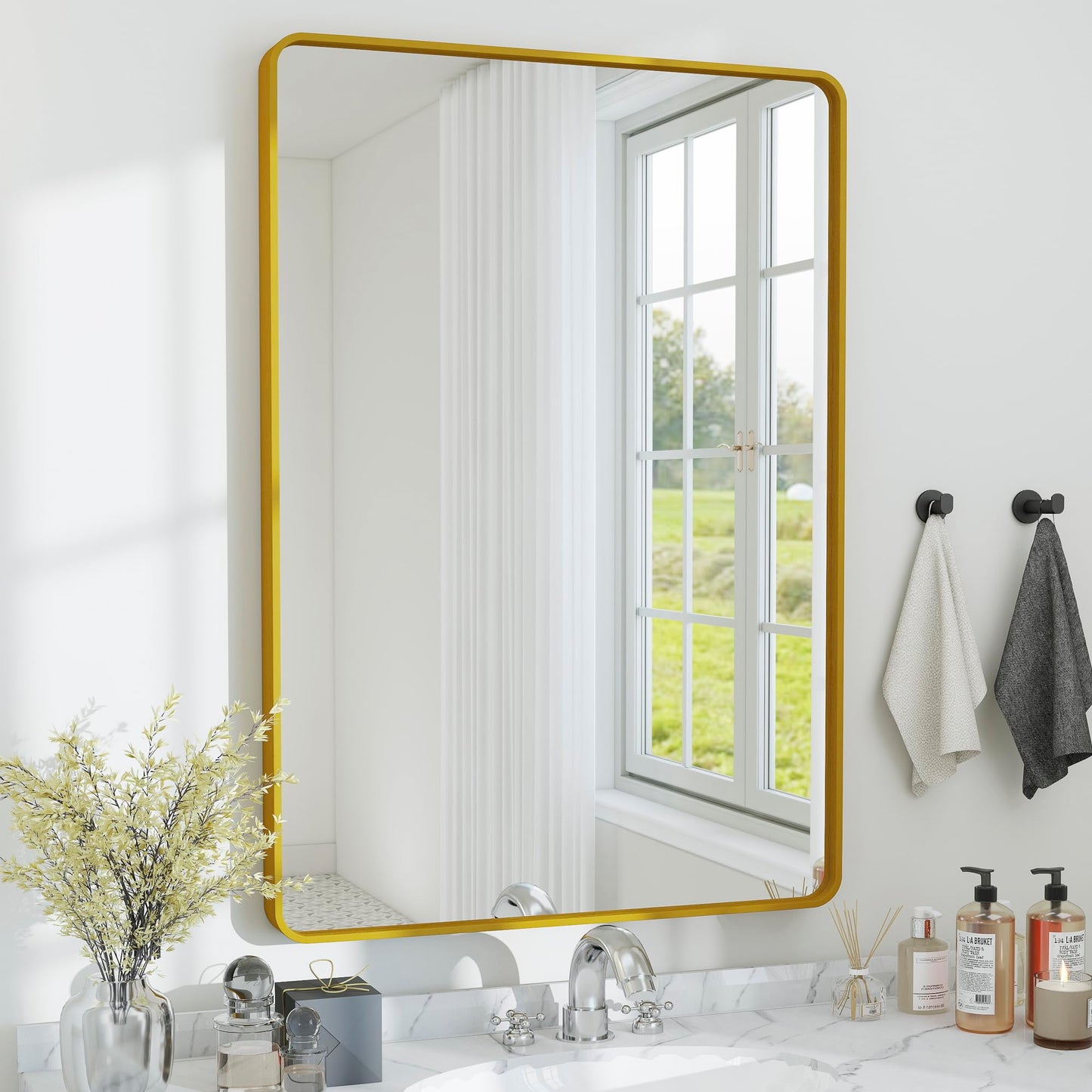 SCWF-GZ 24x36 Vanity Mirror Full Length Wall Mounted Aluminum Alloy Metal Frame Dressing Round Rectangle Mirrors for Entryway Bedroom Bathroom Living Room Horizontally or Vertically 36x24 inch Gold