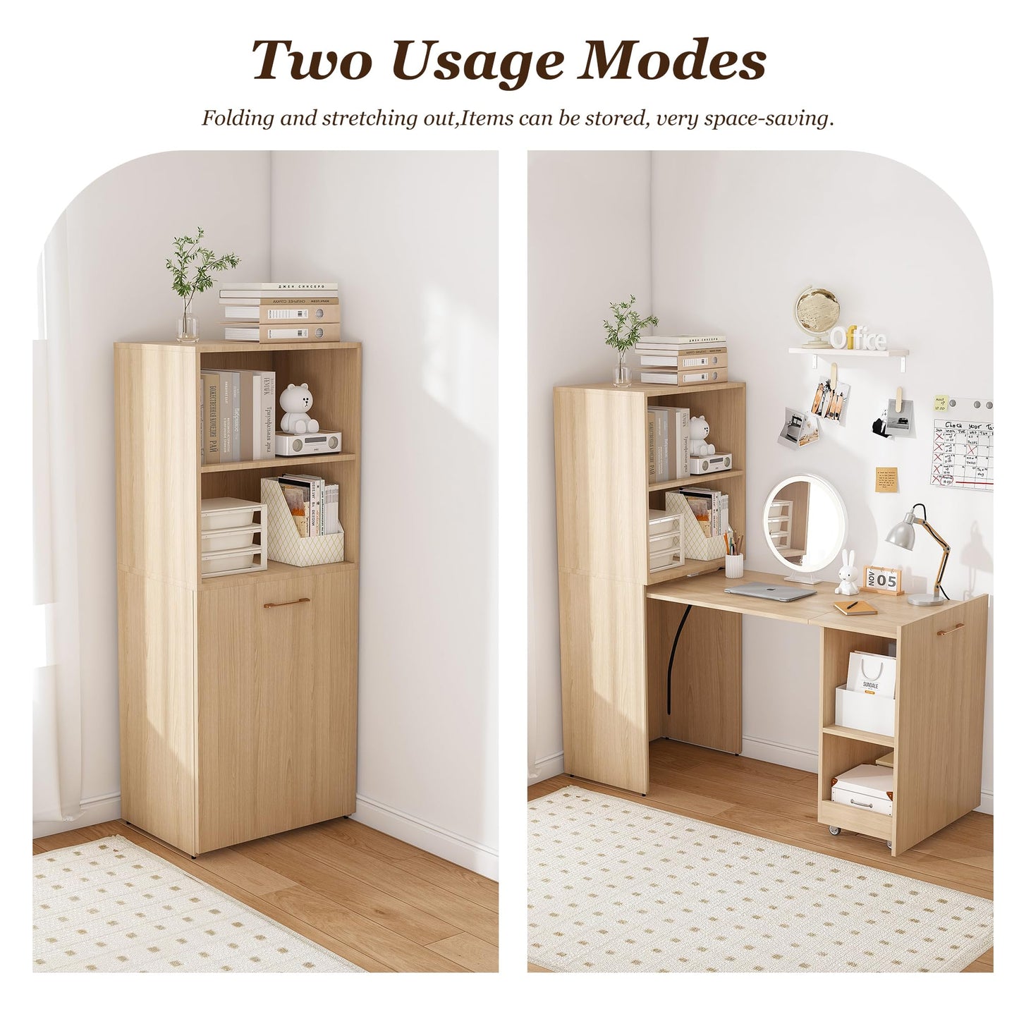 Stretchable Desk, Office Desk with Storage Shelves and Mobile Wheels, Foldable Desk Suitable for Small Apartments and Offices, White (Natural Wood)