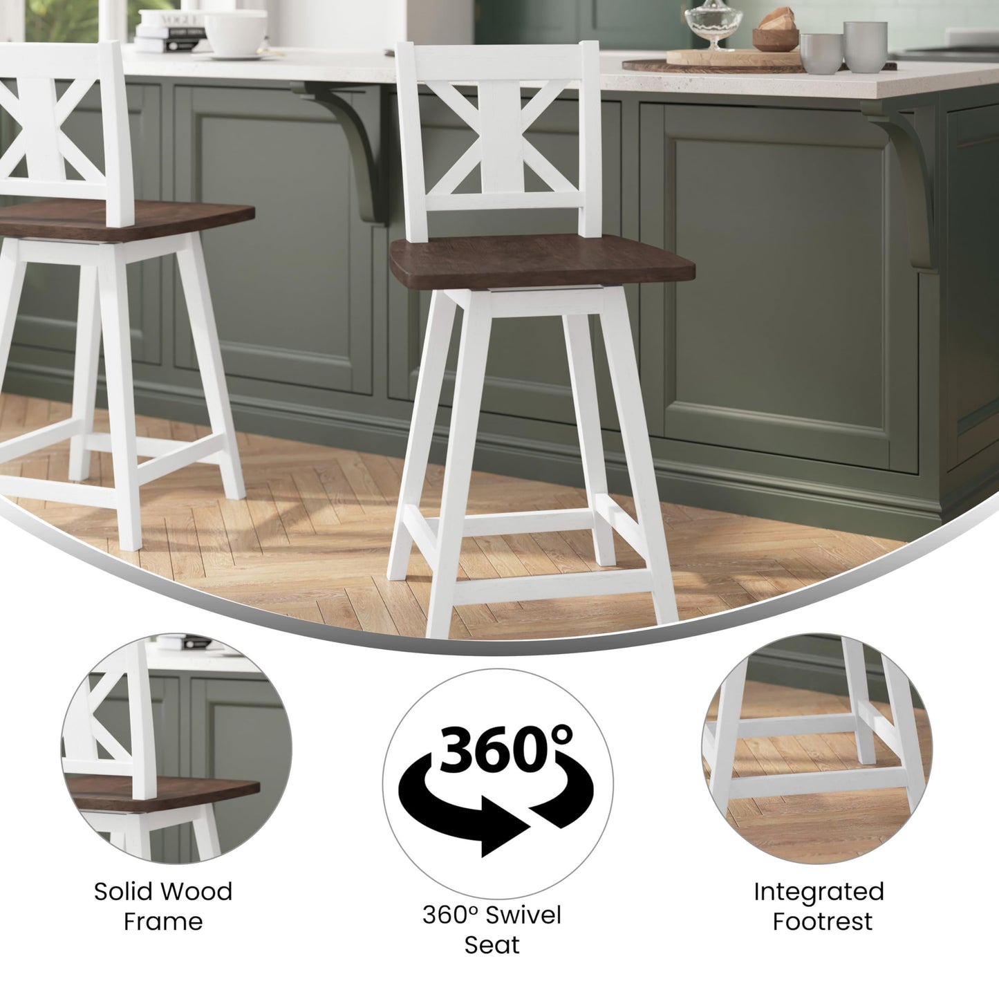 Flash Furniture Gwendolyn Commercial Modern Farmhouse Barstool - Antique White Wash Frame - Gray Wash Seat - Counter Height - 360° Swivel Seat - Integrated Footrest