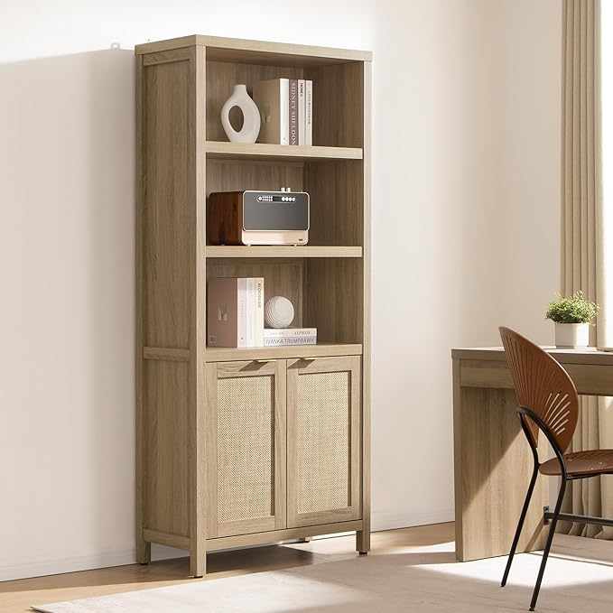 SICOTAS Bookcase 71" Tall Bookshelf 5 Tier Rattan Boho Bookcase