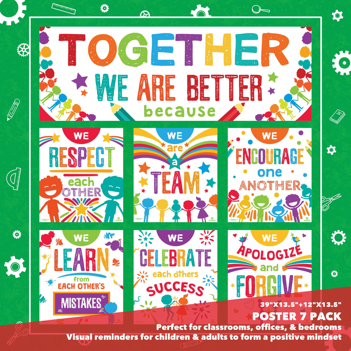 Sproutbrite 7 Educational Posters & Charts - Big Banner 13.5" x 39" Smaller 12" x 13.5" - Together We Are Better Banner & Teacher Posters - Bulletin Board and Wall Decor for Pre, Elementary and Middle School - Promotes Respect, Teamwork, and Positive Clas