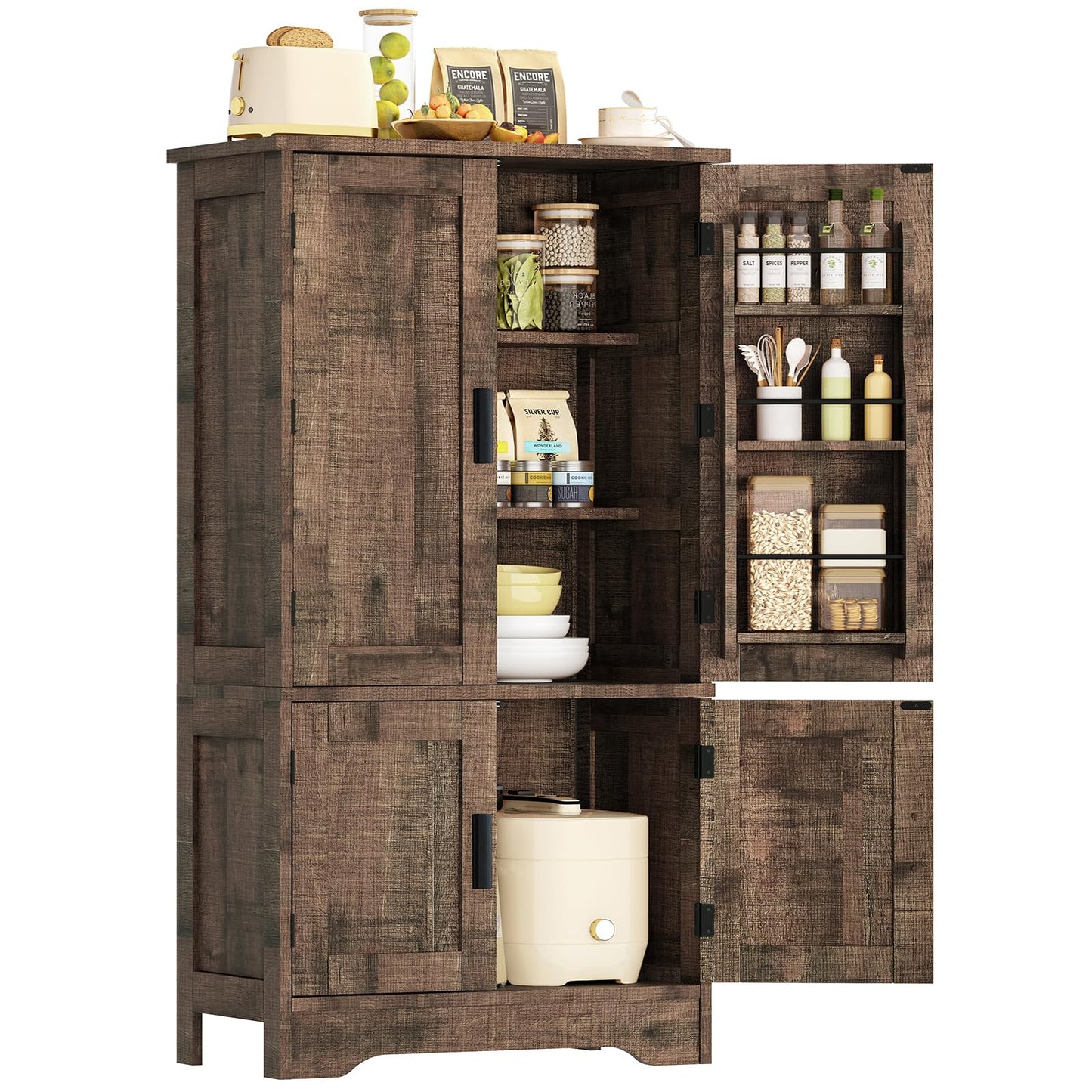 TEENFON Storage Cabinet with 4 Doors, 43.3" H Farmhouse Kitchen Cabinet with 6 Door Shelves, Kitchen Storage Cabinets with Adjustable Shelves, for Living Room, Antique Oak