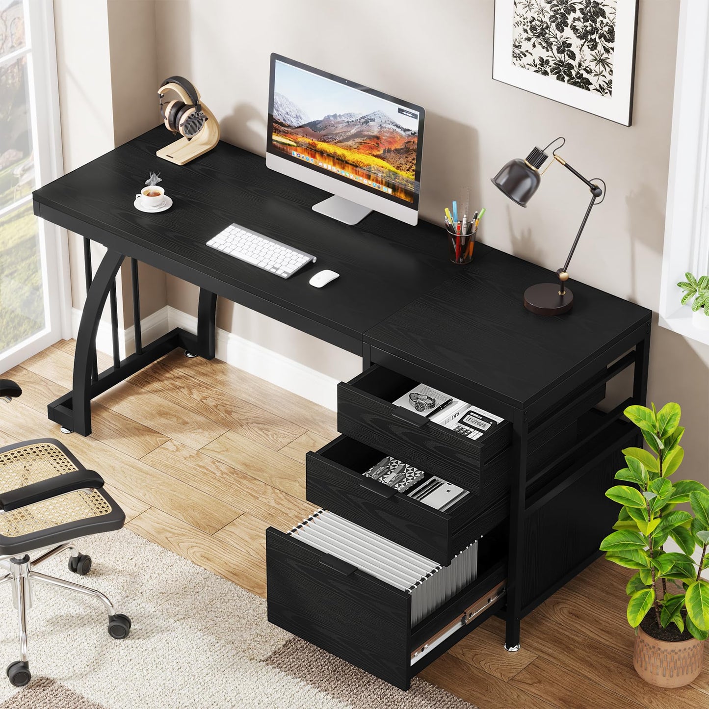 Tribesigns Computer Desk with 3 Drawers, 59-Inch PC Desk with Reversible Drawers, Industrial Study Writing Table Workstation with File Storage for Home Office (Black)