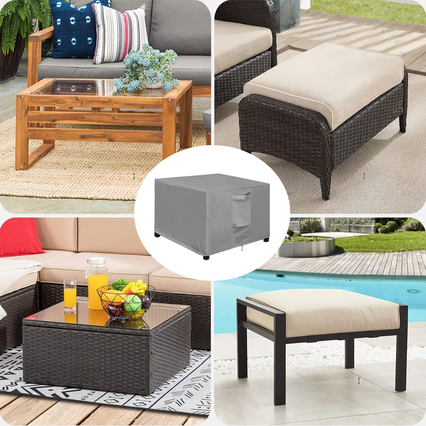 OutdoorLines Outdoor Waterproof Patio Ottoman Covers - Square UV-Proof Patio Side Table Cover Windproof Heavy-Duty Furniture Covering Protector 21L x 21W x 17H Inch, Grey