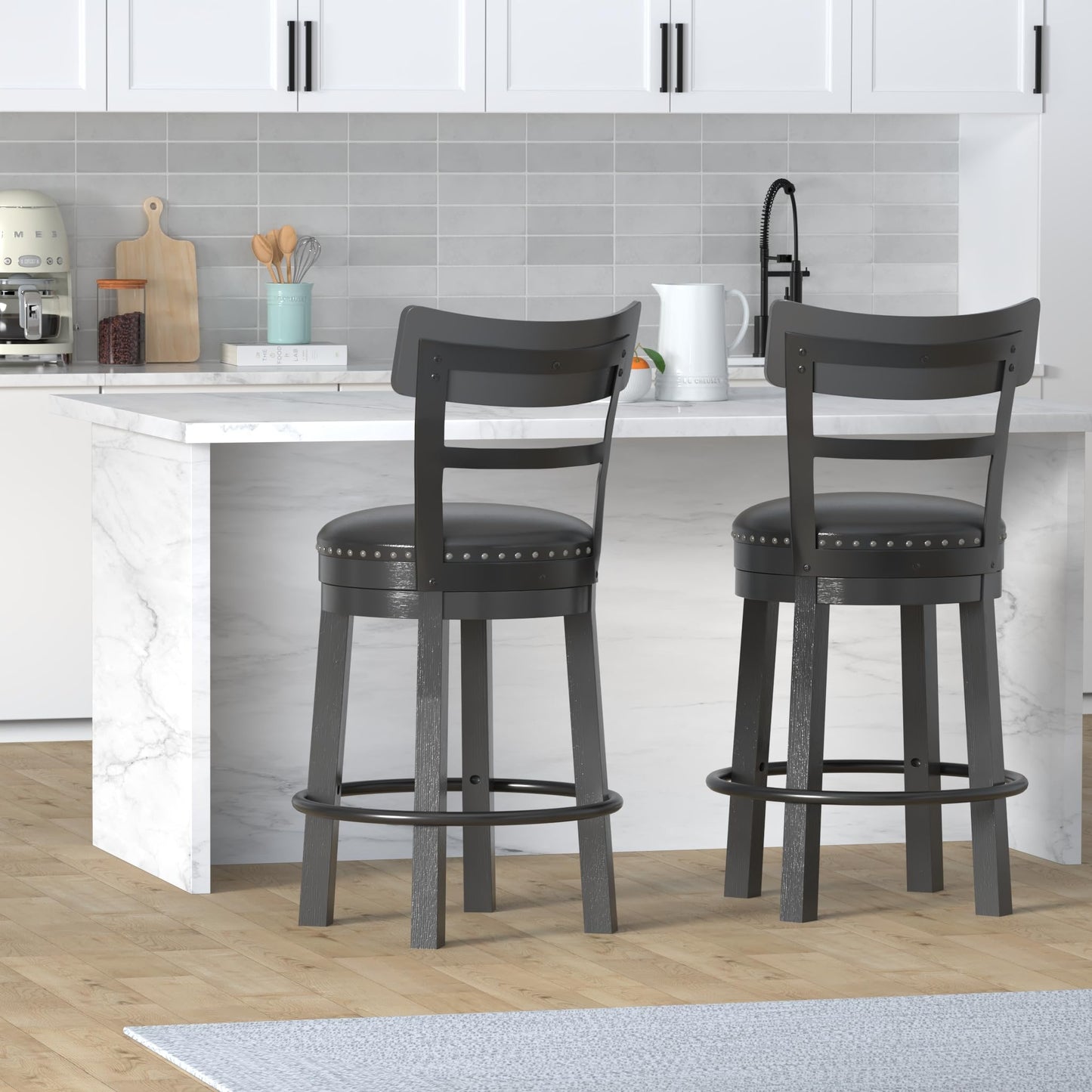 Signature Design by Ashley Valebeck Faux Leather Upholstered Swivel Barstool, Nailhead Trim, Solid Wood, 16.75" W x 19.75" D x 37.25" H, Antique Black
