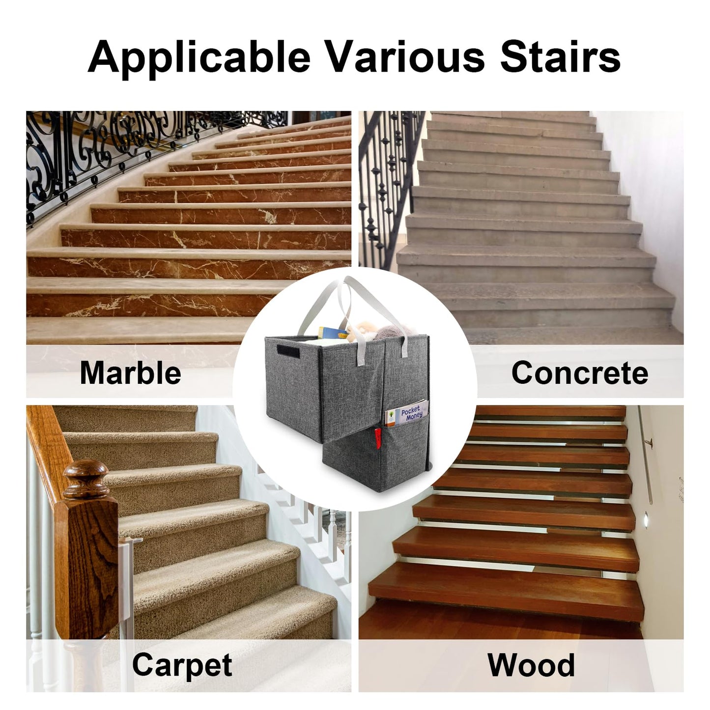 Stair Basket for Stairs with Lid 16.5" x 10.5" x 16", Collapsible Staircase Basket with Handle, Large Capacity Step Storage Basket, Stair Storage Basket for Carpet or Wood Stairs
