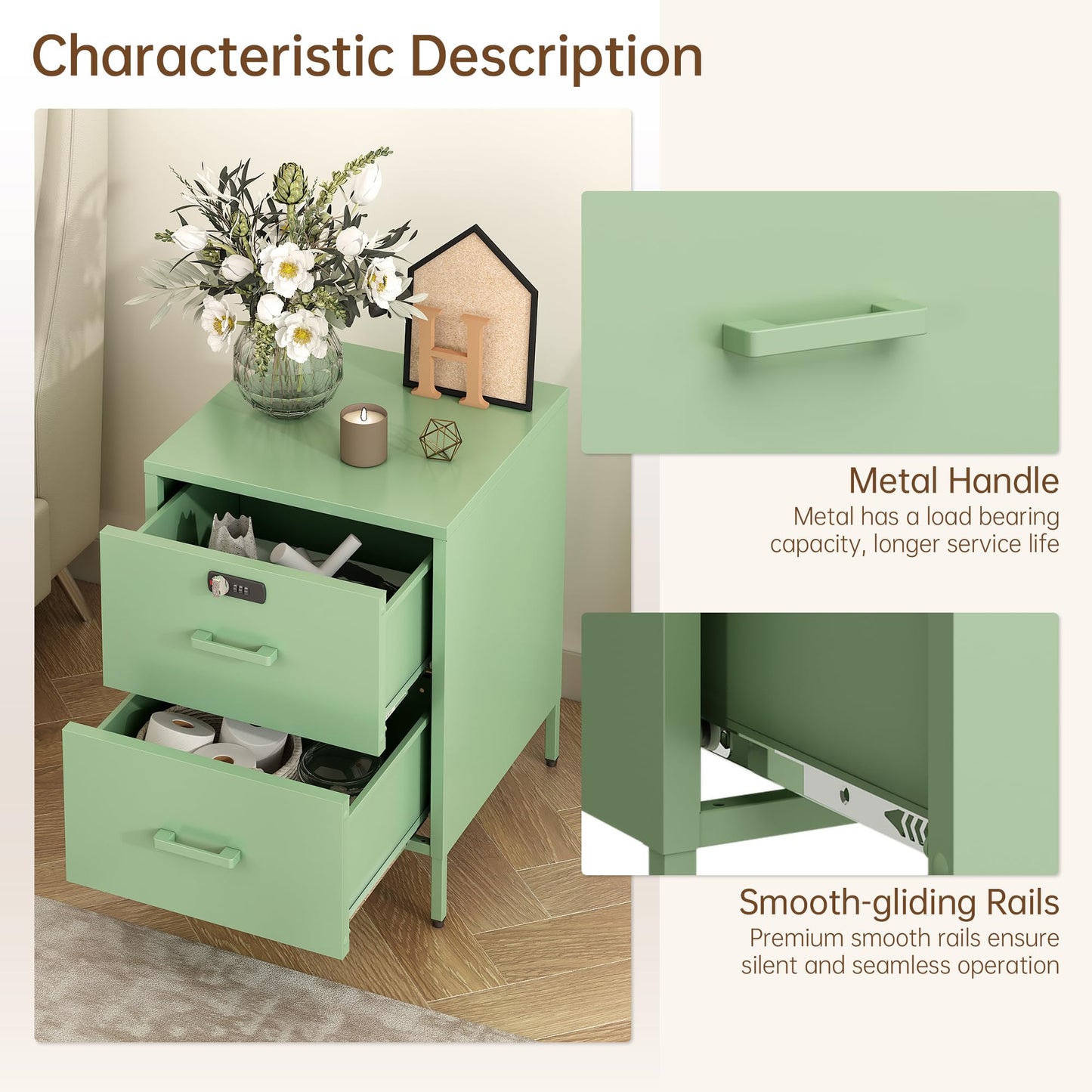 Steehoom Metal Nightstand with Lock, 2 Drawer End Side Table, Lockable Storage Cabinet Kids Cabinet for Living Room, Bedroom, Dorm, 21.26”H X 15.75”W X 15.75”D (2 Drawer, Green)