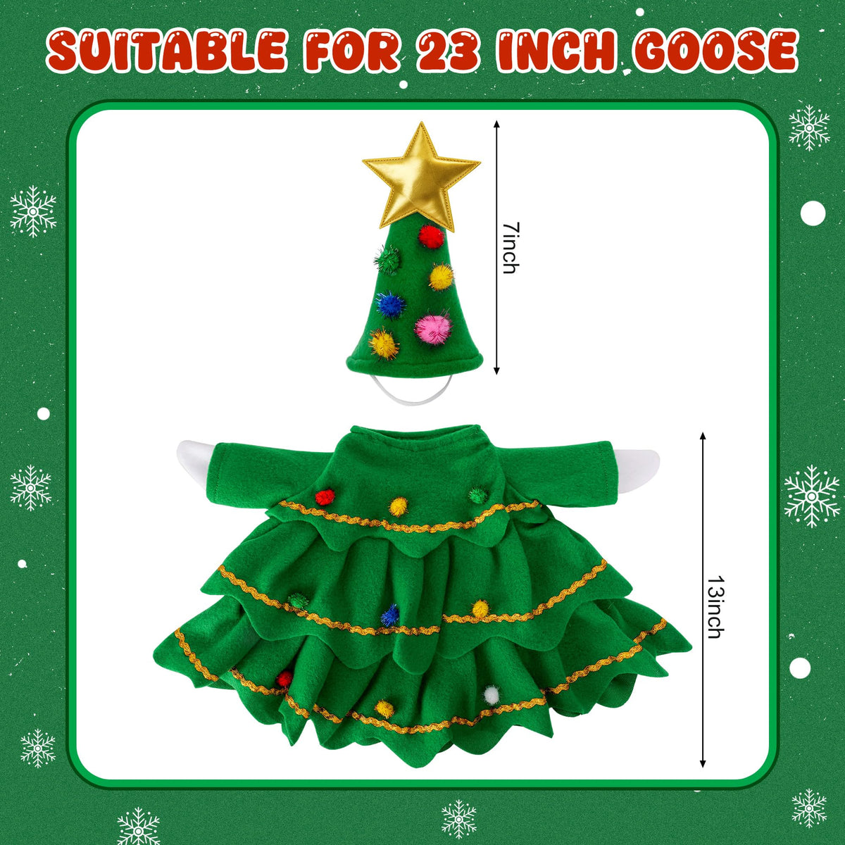 Watayo 2 Pcs/Set Christmas Tree Porch Goose Outfits, Lawn Goose Statue Xmas Tree Costume, Green Christmas Garden Goose Clothes Dress and Hat for 23" High Statue Xmas Holiday Patio Yard Decor