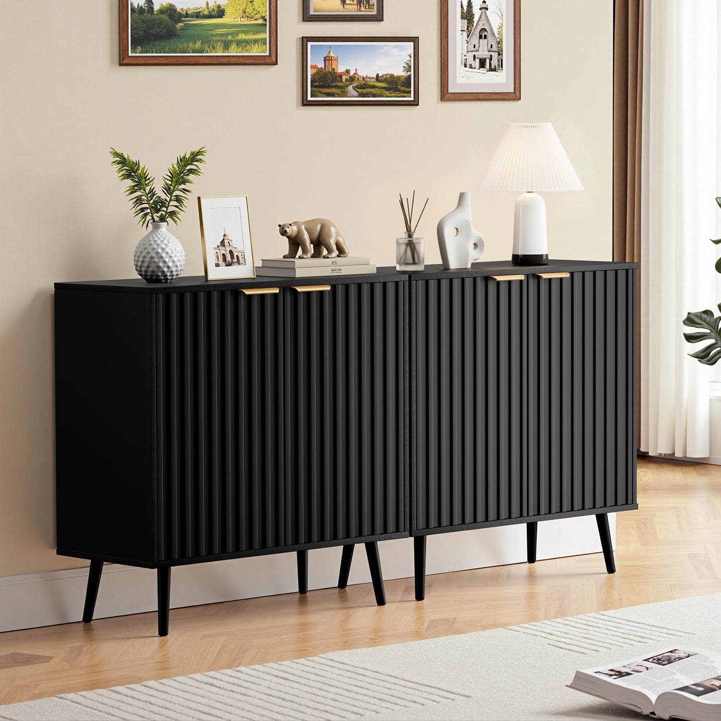 REHOOPEX Fluted Buffet Cabinet Sideboard, Storage Cabinet, Modern Accent Cabinet Console Table for Entryway, Living Room, Black