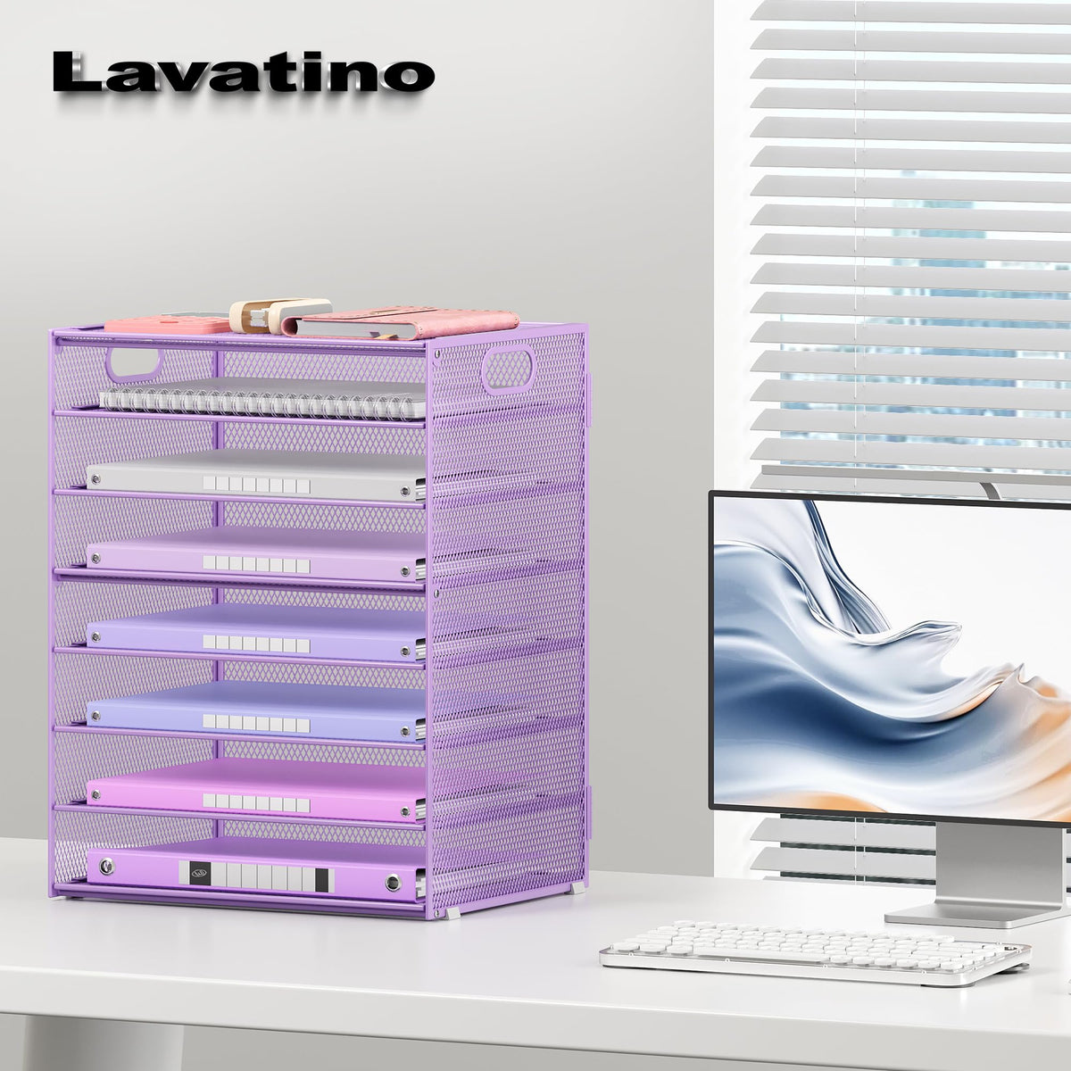 Lavatino 8-Tier Office Desk File Organizer, Letter Tray Paper Organizer with Handle, Including 5 Adjustable Slide Trays for Organizing Desktop Workspace Accessories and Supplies (Purple Metal Mesh)