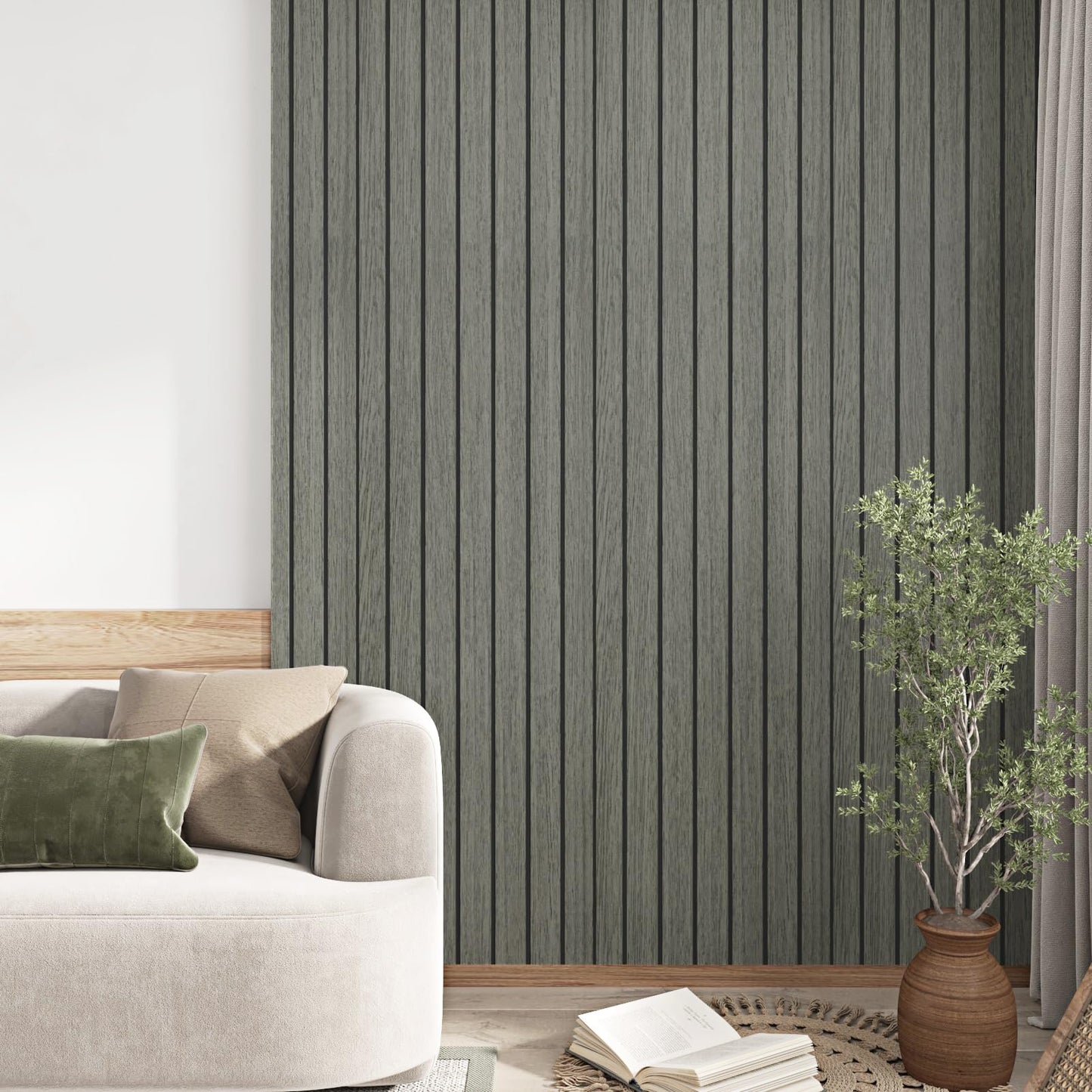 Skyblur Grey/Black Wood Slat Wall Panels for Interior Wall Decor PVC 3D Peel and Stick Wood Panels Textured Self Adhesive Removable Wooden Wallpaper for Bedroom Entrance Stick on Walls 11.8 x 118 in