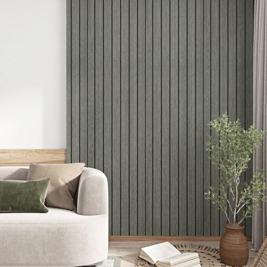 Skyblur Grey/Black Wood Slat Wall Panels for Interior Wall Decor PVC 3D Peel and Stick Wood Panels Textured Self Adhesive Removable Wooden Wallpaper for Bedroom Entrance Stick on Walls 11.8 x 118 in