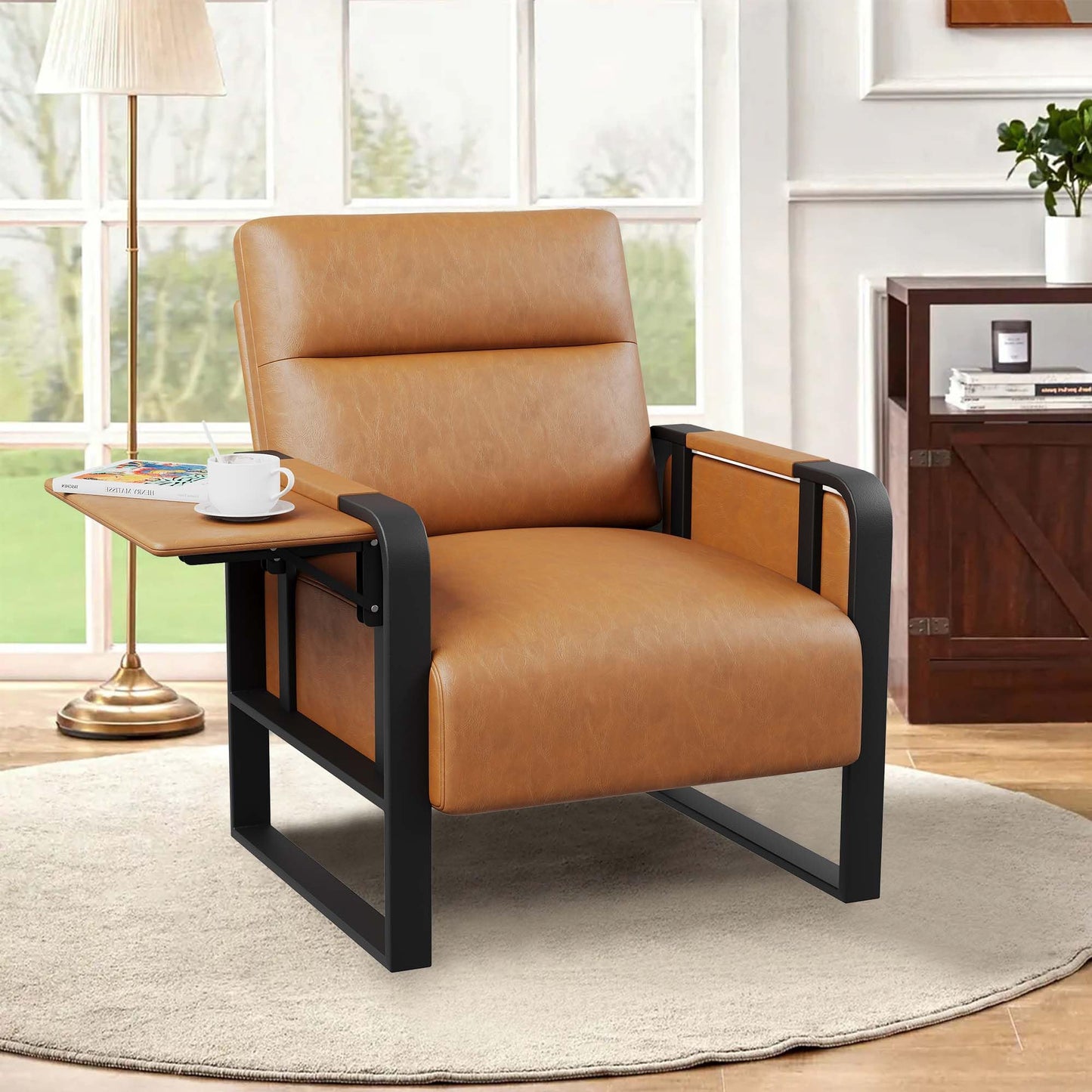 Apeaka Modern Brown Accent Chair PU Leather Upholstered Armchair with Foldable Side Table for Bedroom Living Room Chairs Office Chair