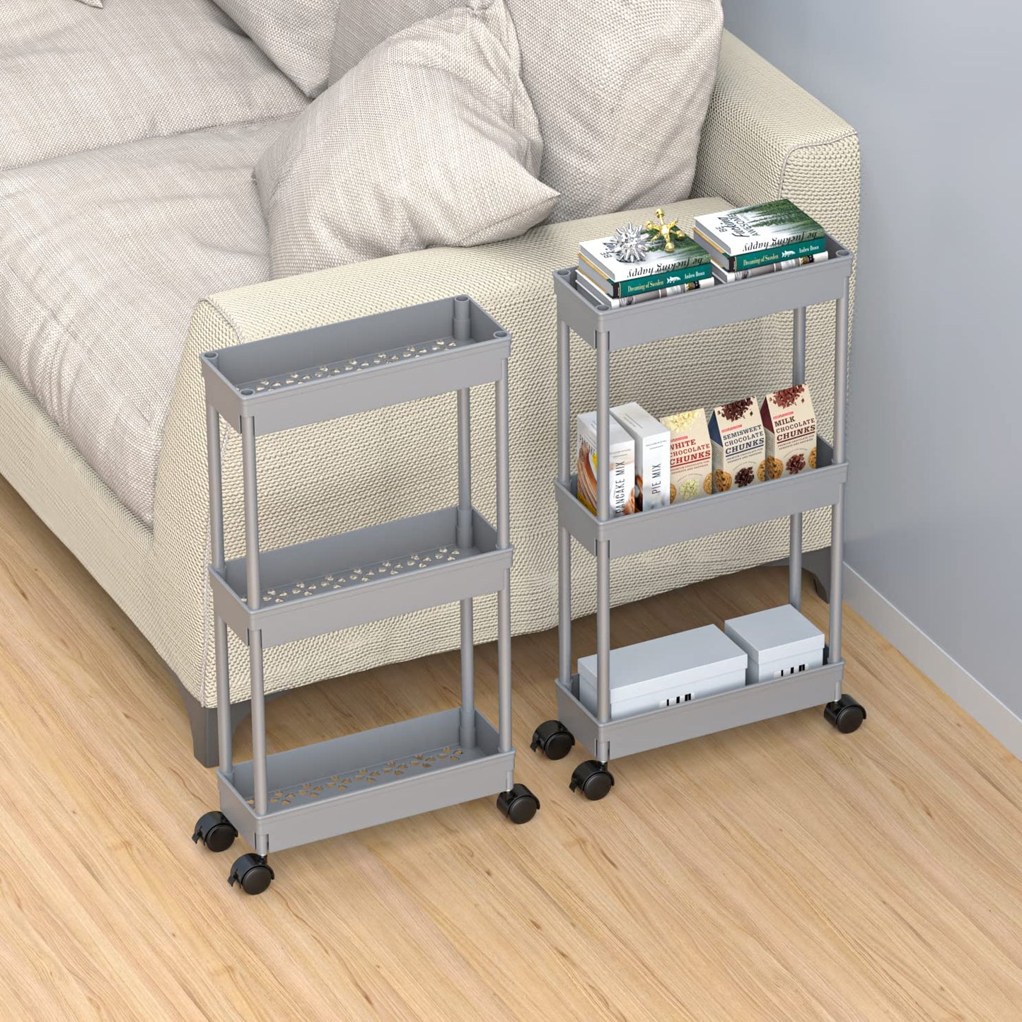 Sooyee Slim Storage Cart,3 Tier Bathroom Rolling Utility Cart Storage Organizer Slide Out Cart, Mobile Shelving Unit Organizer Trolley for Office Bathroom Kitchen Laundry Room Narrow Places, Grey