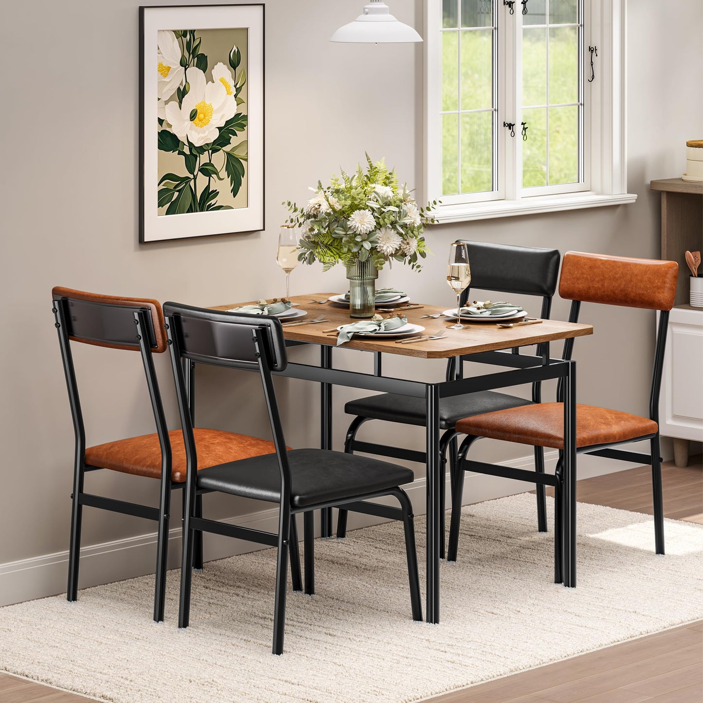 Garvee Dining Table Set for 4, 5 Piece Wooden Dining Table and Chairs, 4 PU Upholstered Chair, Modern Metal Frame Dinette Set for Dining Room, Home Dinner, Party, Apartment, Brown + Black