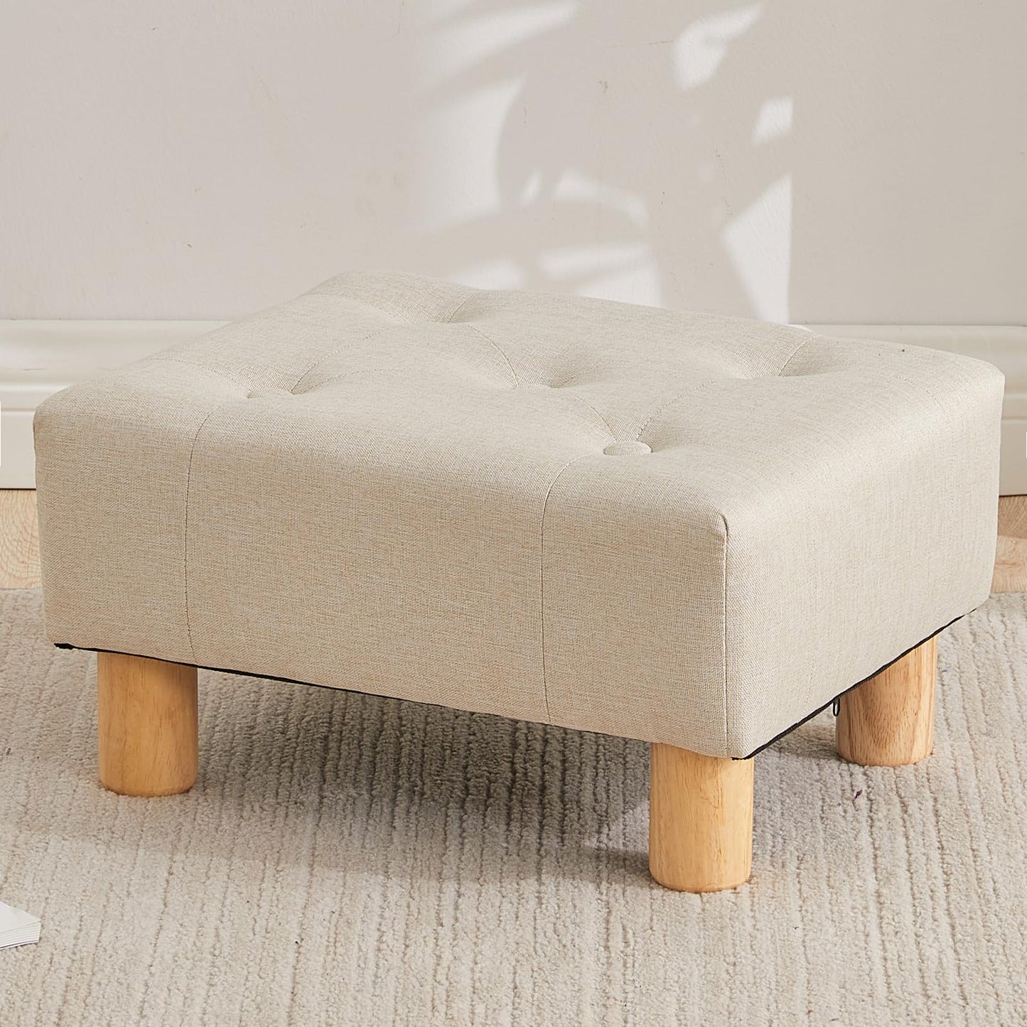 FIMIVIBI Small Foot Stool Ottoman, Linen Footstool Ottoman Foot Rest for Couch, Rectangle Footstools and Ottomans Small for Living Room, Entryway and Bedroom (Beige)