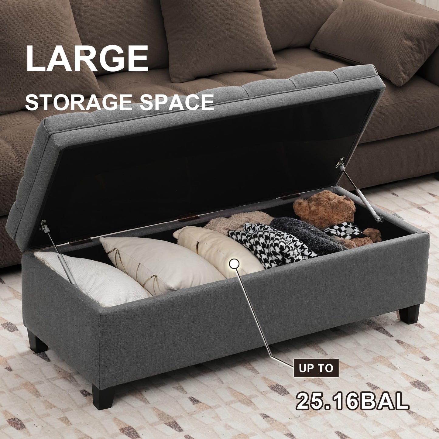 UDAX 51" Storage Ottoman for Bedroom & Living Room, End of Bed Bench with Black Wooden Legs, Linen Upholstered Tufted Ottoman, Entryway Storage Bench,Dark Grey